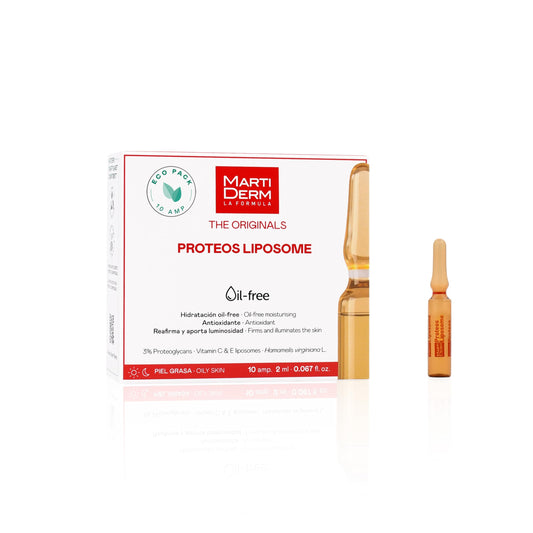 MartiDerm Proteos Liposome Ampolletas faciales hidratantes y antioxidantes. Proteoglicanos + Vitamina C y E liposomadas. Reafirman y aportan luminosidad. Formula oli-free para piel grasa - 10 ampolletas