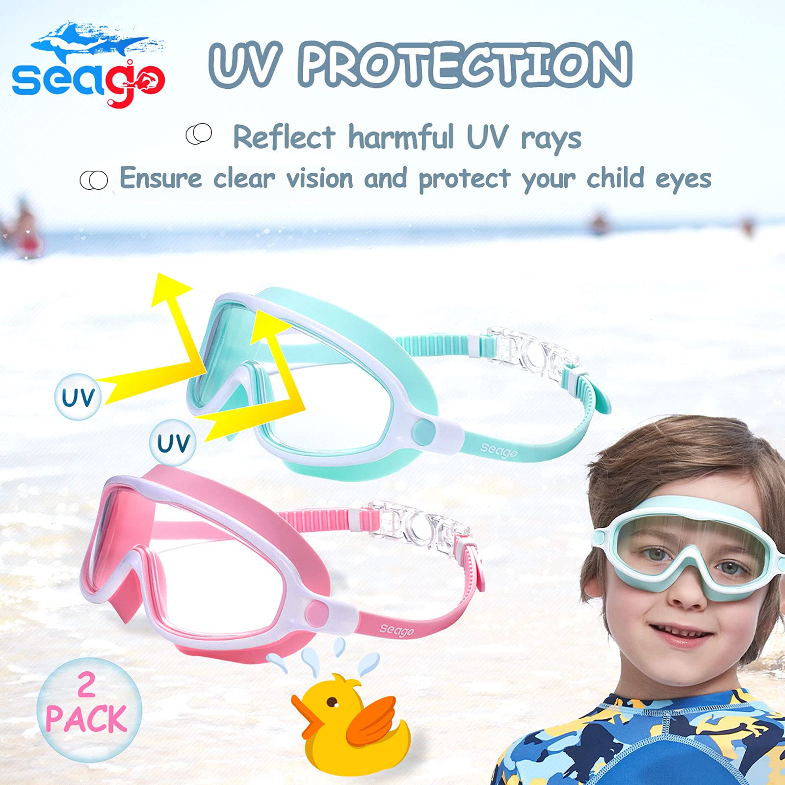 Anteojos de Natación Seago Azul Paquete Doble Antivaho Antirayos UV para Niños