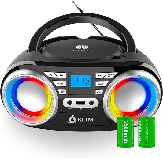 KLIM Boombox B3 - Reproductor de CD portátil con Radio FM y batería Recargable | Luces RGB | Bluetooth, MP3, AUX, Radio FM, CD, USB | Radio CD portátil con ecualización Digital | Nuevo