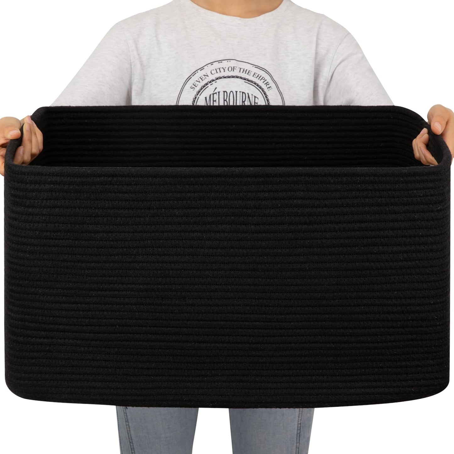 OIAHOMY - Cesta grande de 75 litros, cestas de almacenamiento con asa, cesta rectangular de cuerda de algodón tela, cubos organizadores de juguetes, 22 x 17 x 12 pulgadas, color negro carbón