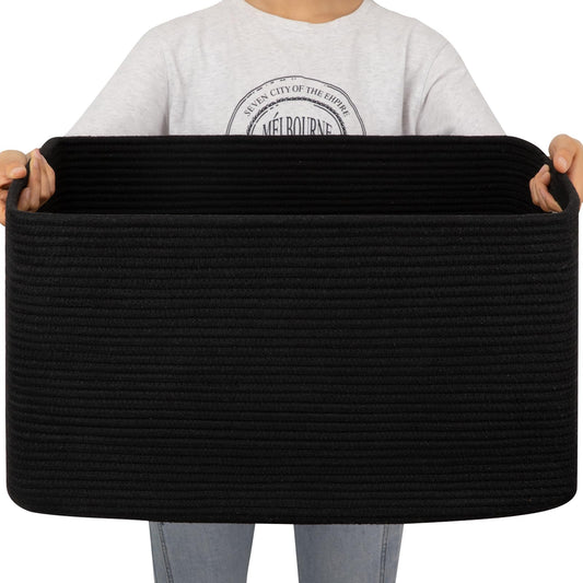 OIAHOMY - Cesta grande de 75 litros, cestas de almacenamiento con asa, cesta rectangular de cuerda de algodón tela, cubos organizadores de juguetes, 22 x 17 x 12 pulgadas, color negro carbón