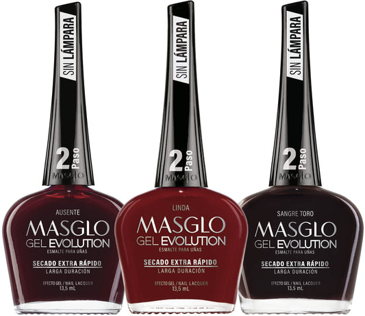 MASGLO- GEL EVOLUTION Esmalte de Uñas Efecto Gel, Sin Lámpara UV/Led, Duración Hasta 12 días, 3 uds Tonos Rojos Co