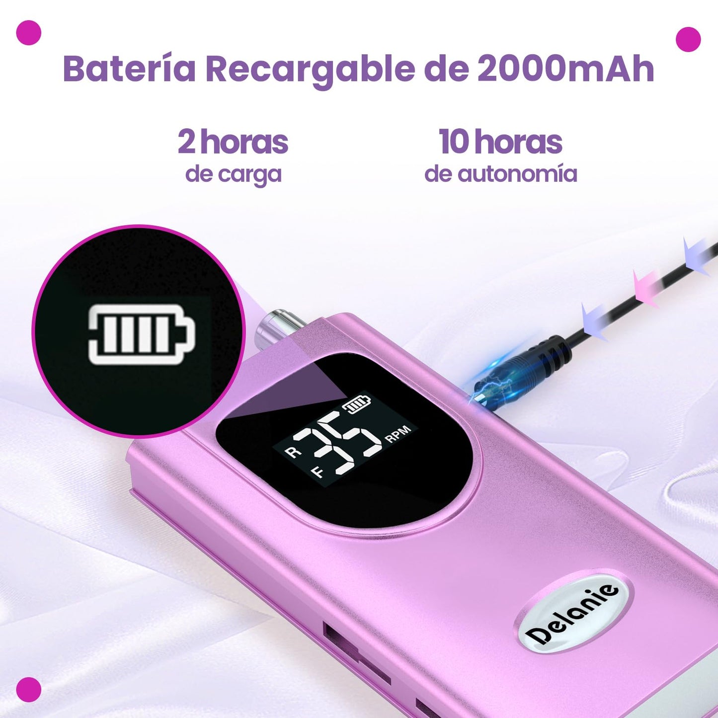 Delanie - Drill para Uñas Profesional 35000 RPM, Taladro para Uñas de Acrílico y Gel, Lima de Uñas Eléctrica Recargable, Máquina de Uñas de uso Salón (Morado)