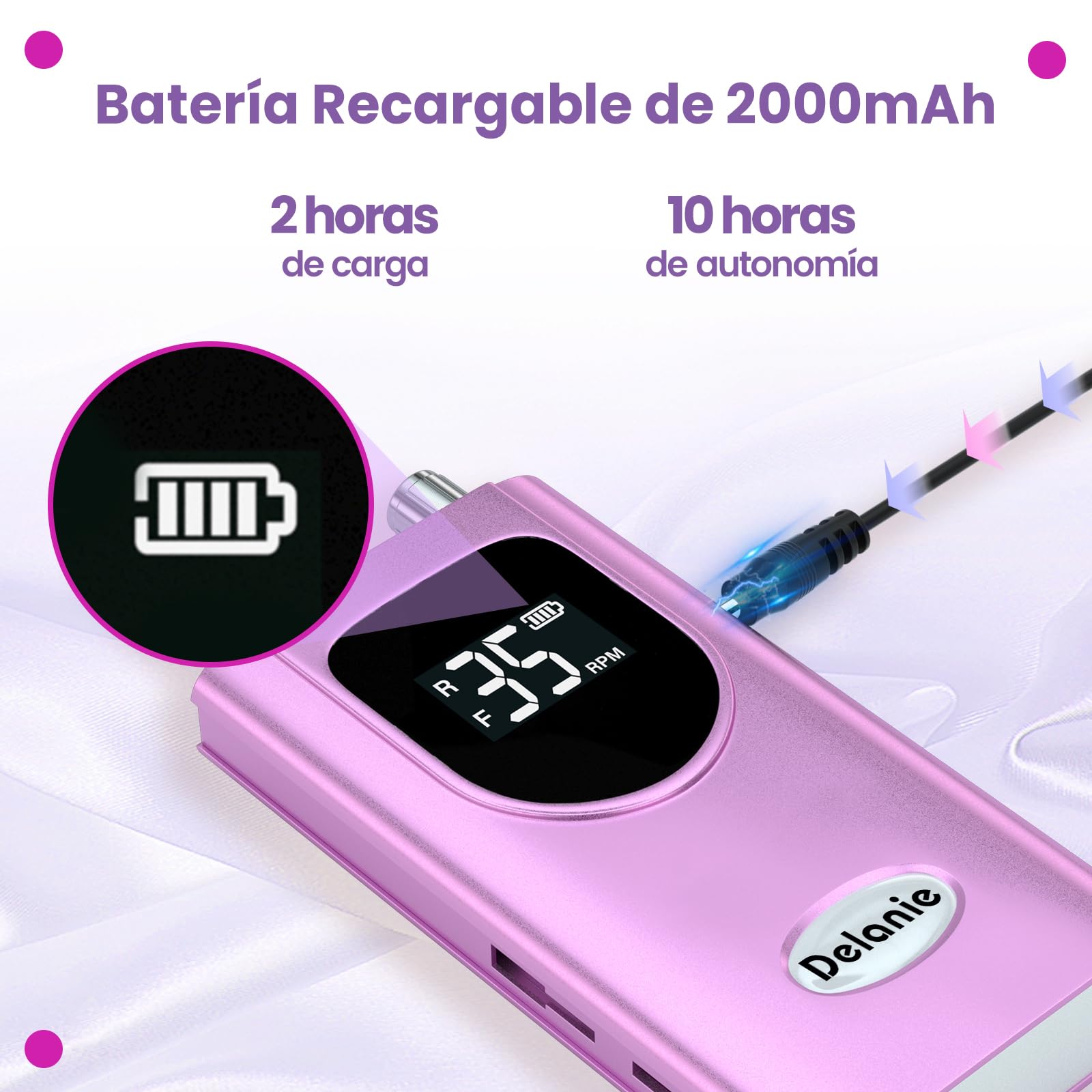 Delanie - Drill para Uñas Profesional 35000 RPM, Taladro para Uñas de Acrílico y Gel, Lima de Uñas Eléctrica Recargable, Máquina de Uñas de uso Salón (Morado)
