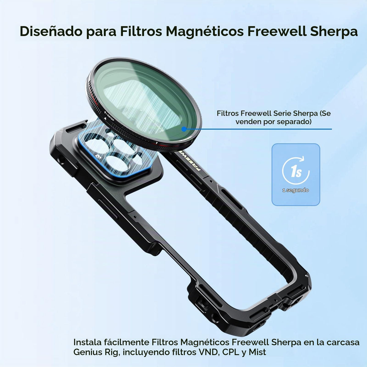 Rig Cage Freewell iPhone 16 Pro Negro Configuración sin Herramientas con Asas Multifuncionales y Control Remoto Bluetooth