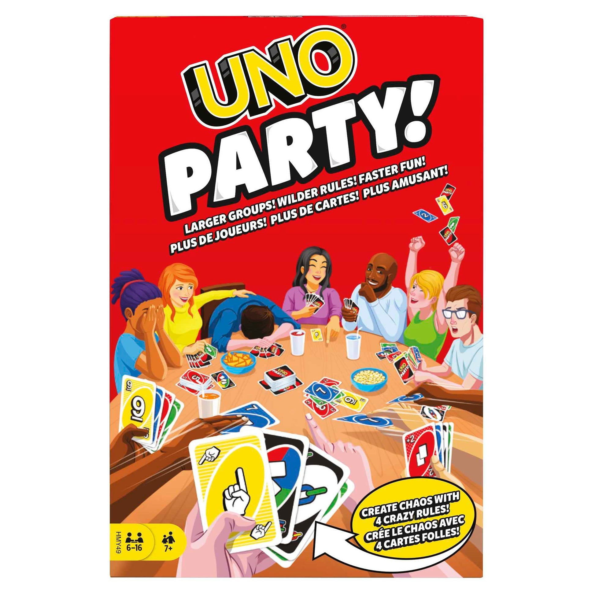 Juego de Cartas UNO Mattel Games Party con Tarjetas Adicionales y Reglas Especiales para Niños de 7 Años en Adelante