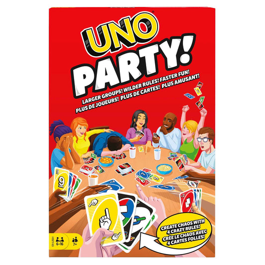 Juego de Cartas UNO Mattel Games Party con Tarjetas Adicionales y Reglas Especiales para Niños de 7 Años en Adelante