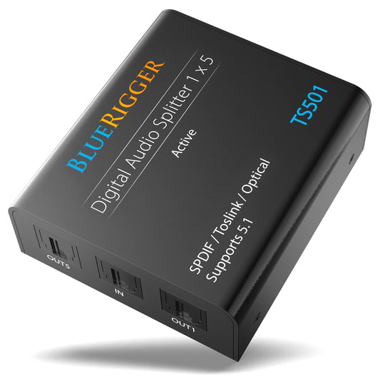 BlueRigger - Divisor de audio óptico digital 1x5 (divisor activo Toslink 1 en 5 salidas, SPDIF, adaptador de audio de fibra óptica) - para cine en casa, Xbox, PS4, DVD, reproductor de CD, receptor