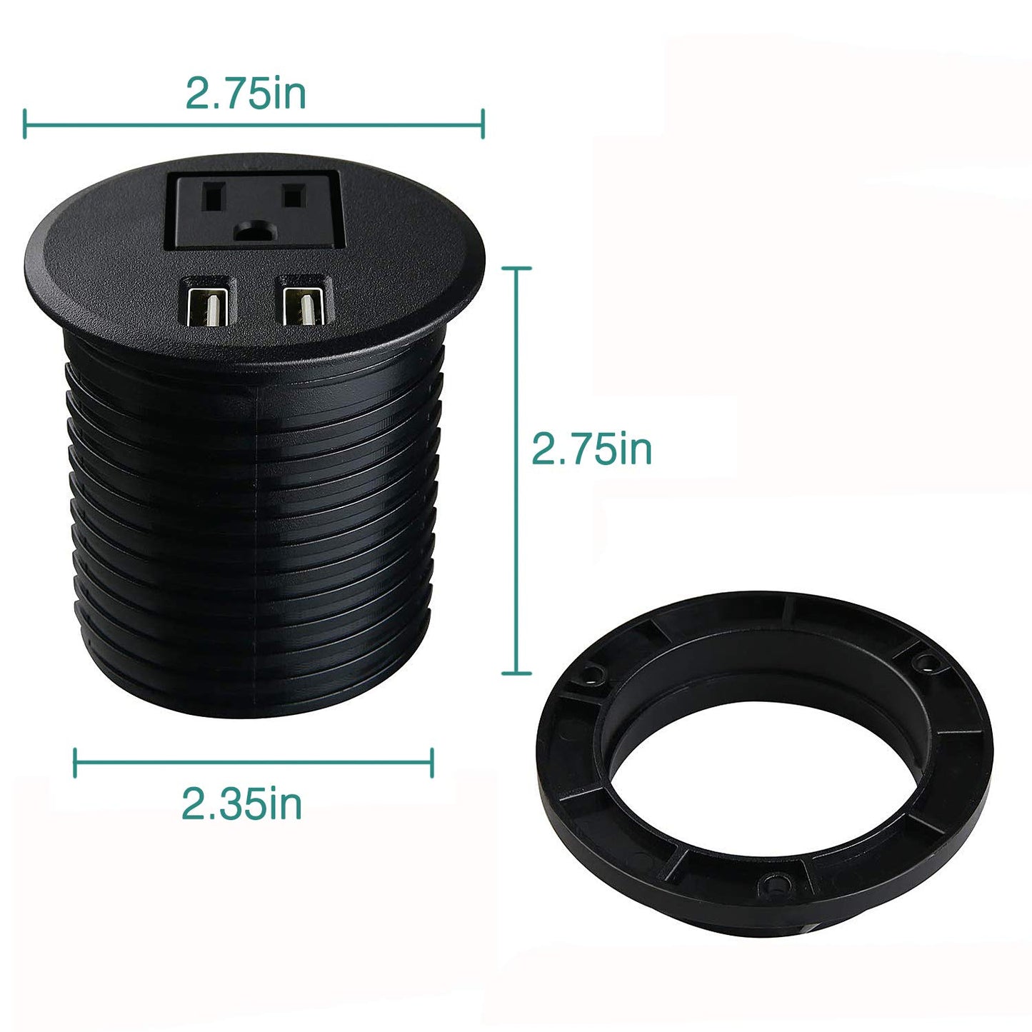Ojal de alimentación de computadora con ojales de alimentación de 2 3/8 pulgadas con 2 puertos de carga USB, cable de extensión de 6.5 pies con 1 toma de corriente para computadora, mesa, cocina,