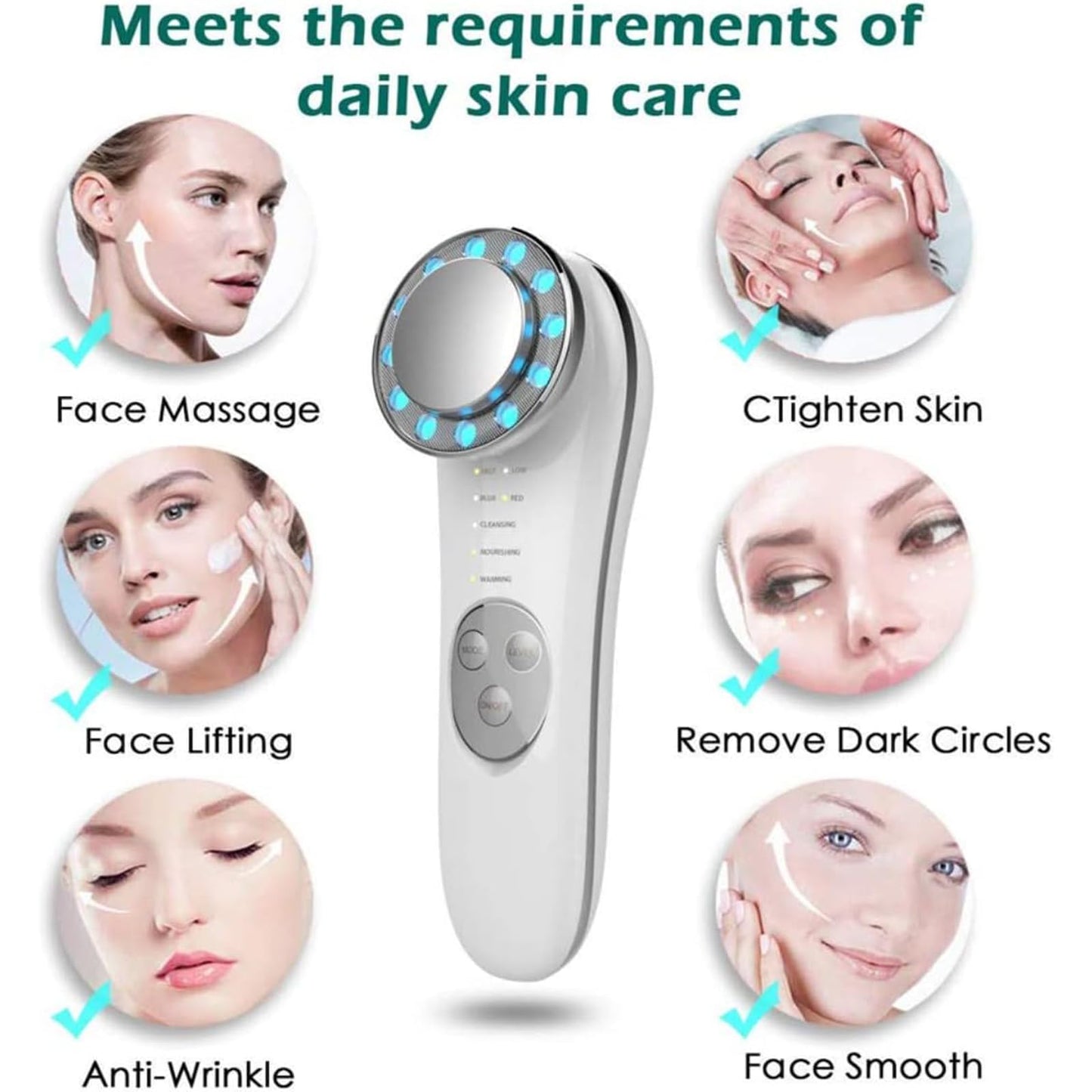 Masajeador Facial Eléctrico, Facial Aparato Radiofrecuencia, 7 en 1 Aparato Facial Ultrasonido, Fototerapia De Luz Roja Y Azul Calor, Anti-Envejecimiento, Limpieza Profunda, Cuidado Facial