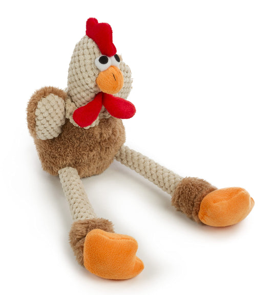 goDog Checkers Skinny Rooster With Chew Guard Technology Tough Plush Dog Toy, Brown, Small