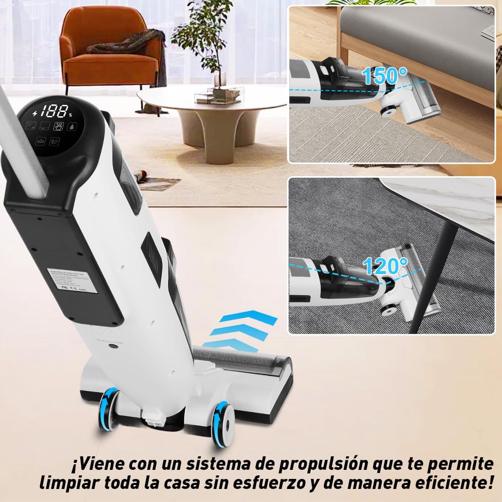 KOZFULE Aspiradoras en Seco y Húmedo 40KPa, con Sistema de Autolimpieza y Pantalla Táctil, 3 en 1 Mopa y Aspiradora Inalámbrica, 2 Niveles Ajustables, para Limpieza de Madera Dura, Azulejos, Mármol