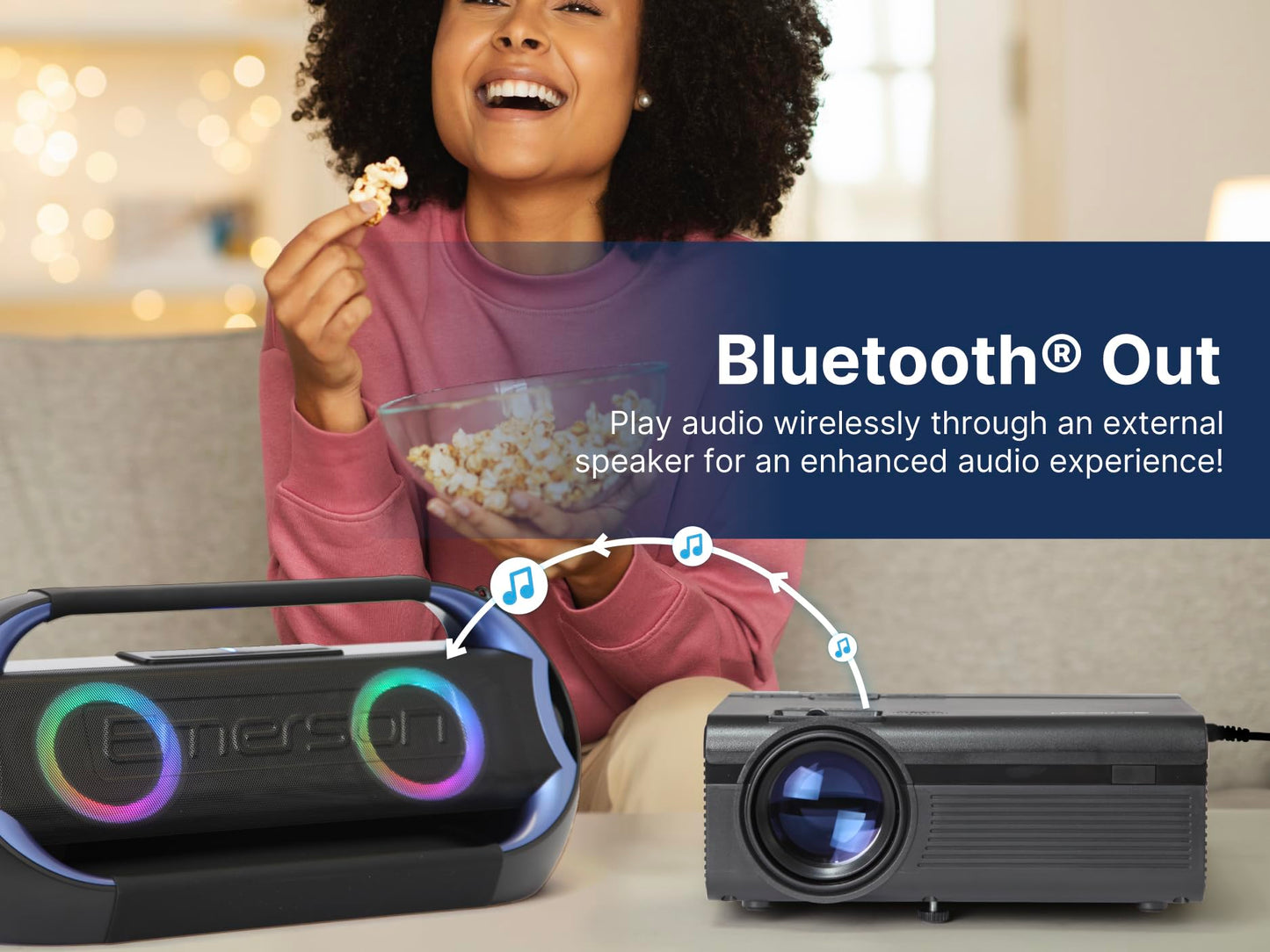 Emerson EVP-1000 Proyector LCD portátil de Cine en casa de 150 Pulgadas con entradas HDMI y USB, conectividad Bluetooth, Altavoz estéreo, Control Remoto, Ideal para Interiores y Exteriores