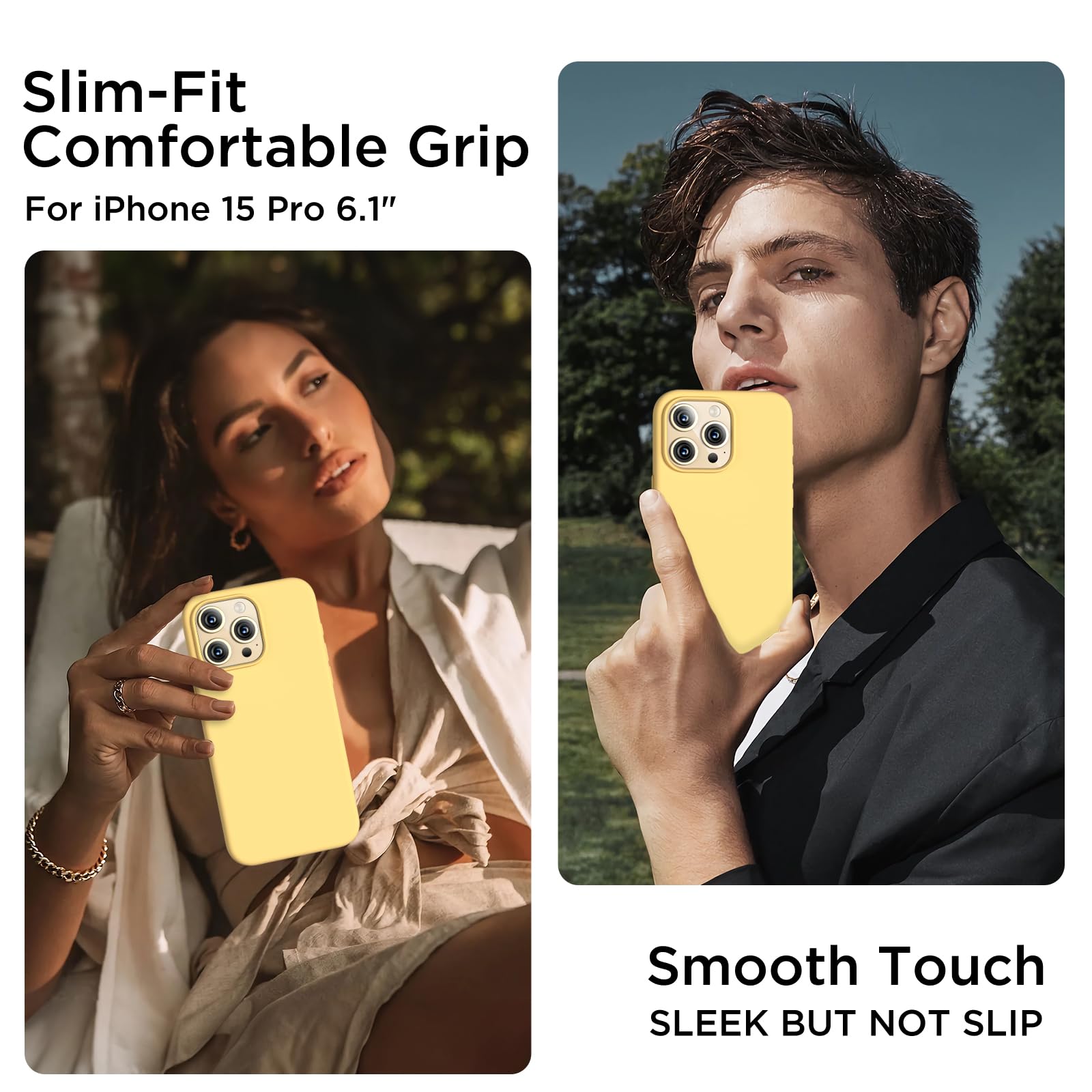 COFFKER - Funda de silicona compatible con iPhone 15 Pro, cuerpo completo, a prueba de golpes, delgada con forro de microfibra suave antiarañazos, 6.1 pulgadas, color amarillo