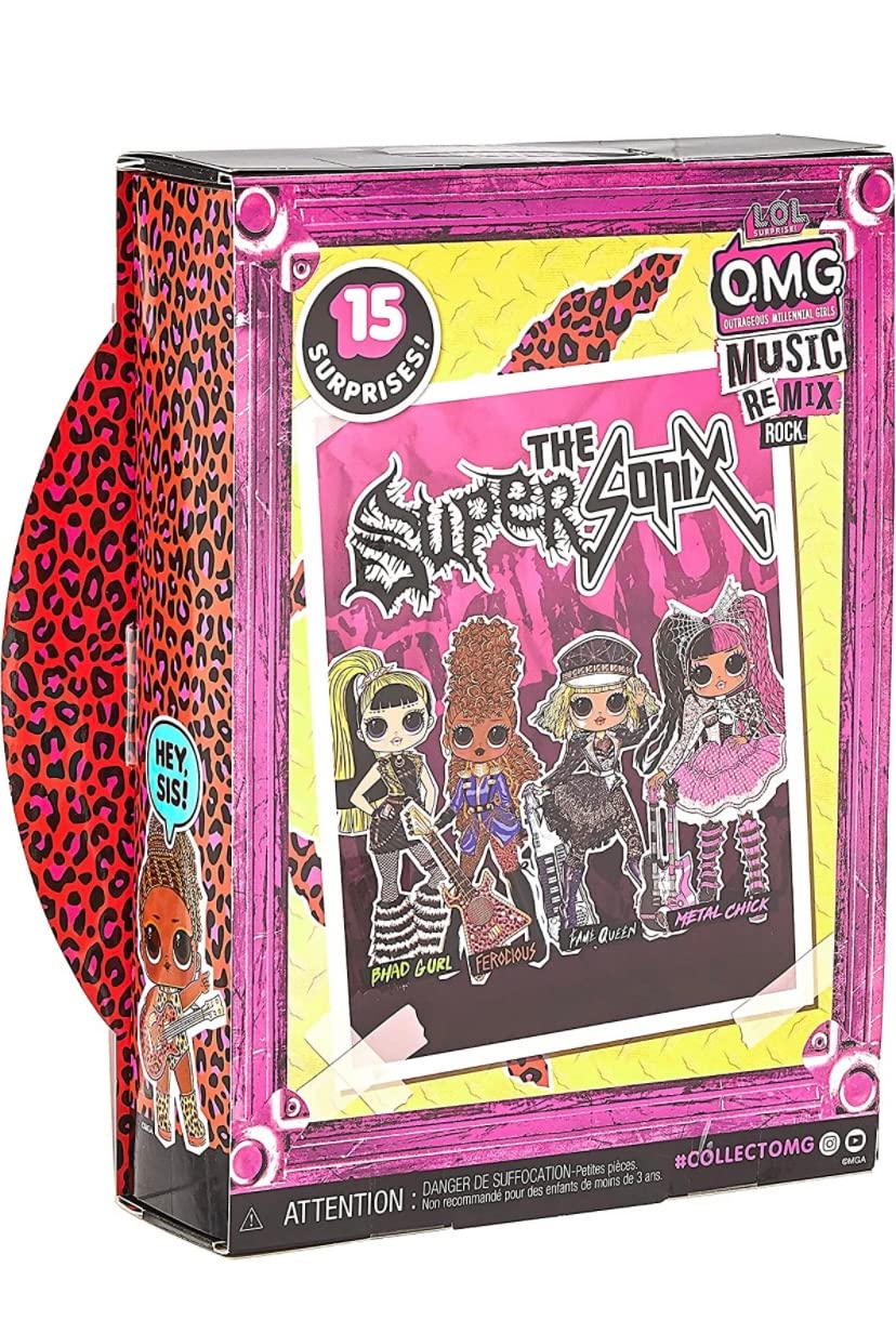 L.O.L. Surprise! OMG Remix Rock Muñeca Ferocious - 15 sorpresas Que Incluyen bajo, Vestido, Zapatos, Cepillo, Soporte para muñecas, Letras y Paquete de Tocadiscos - Edad: 4+