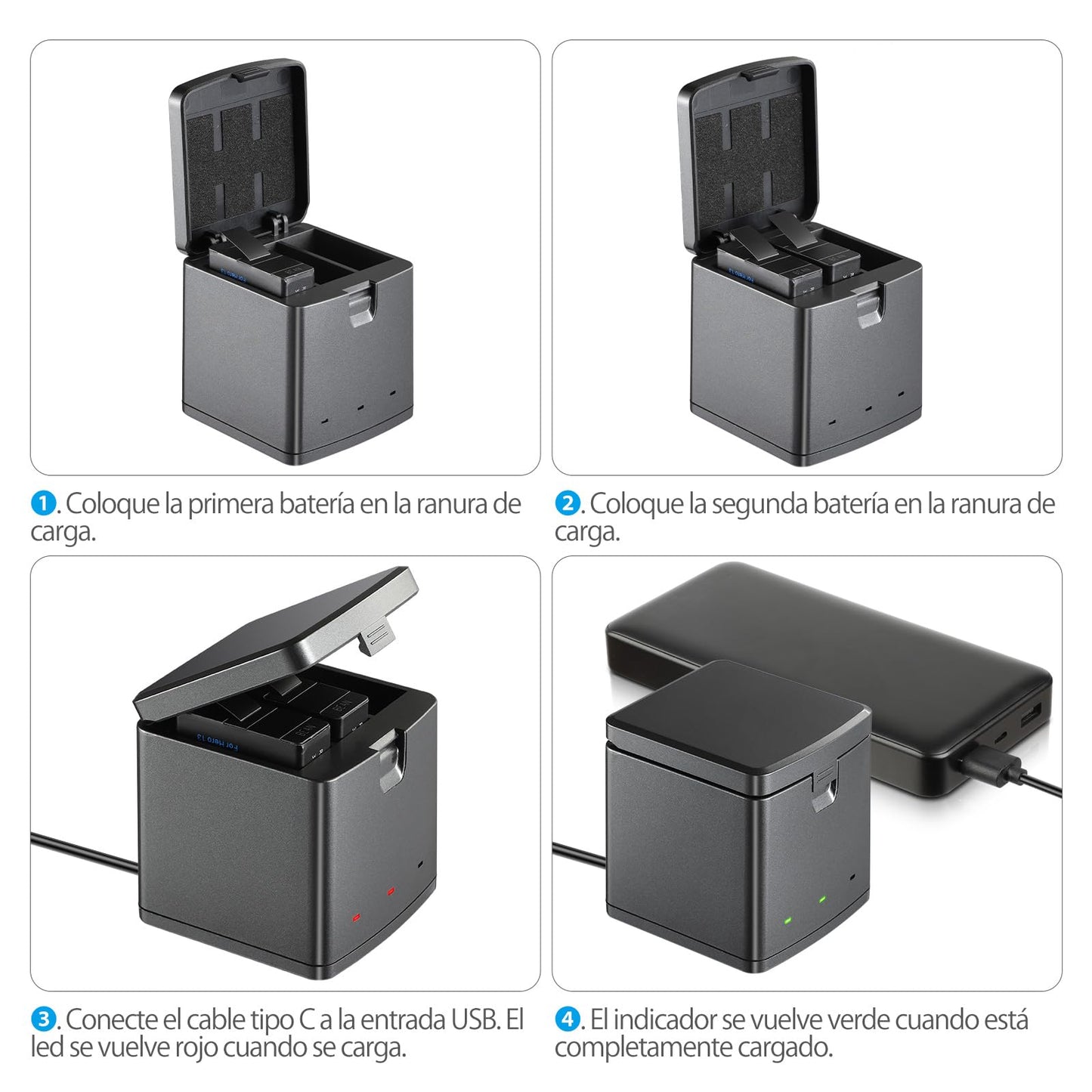 Baterías 2100mAh PHTEGI Gopro Hero 13 Black con Cargador Rápido USB 3 Canales