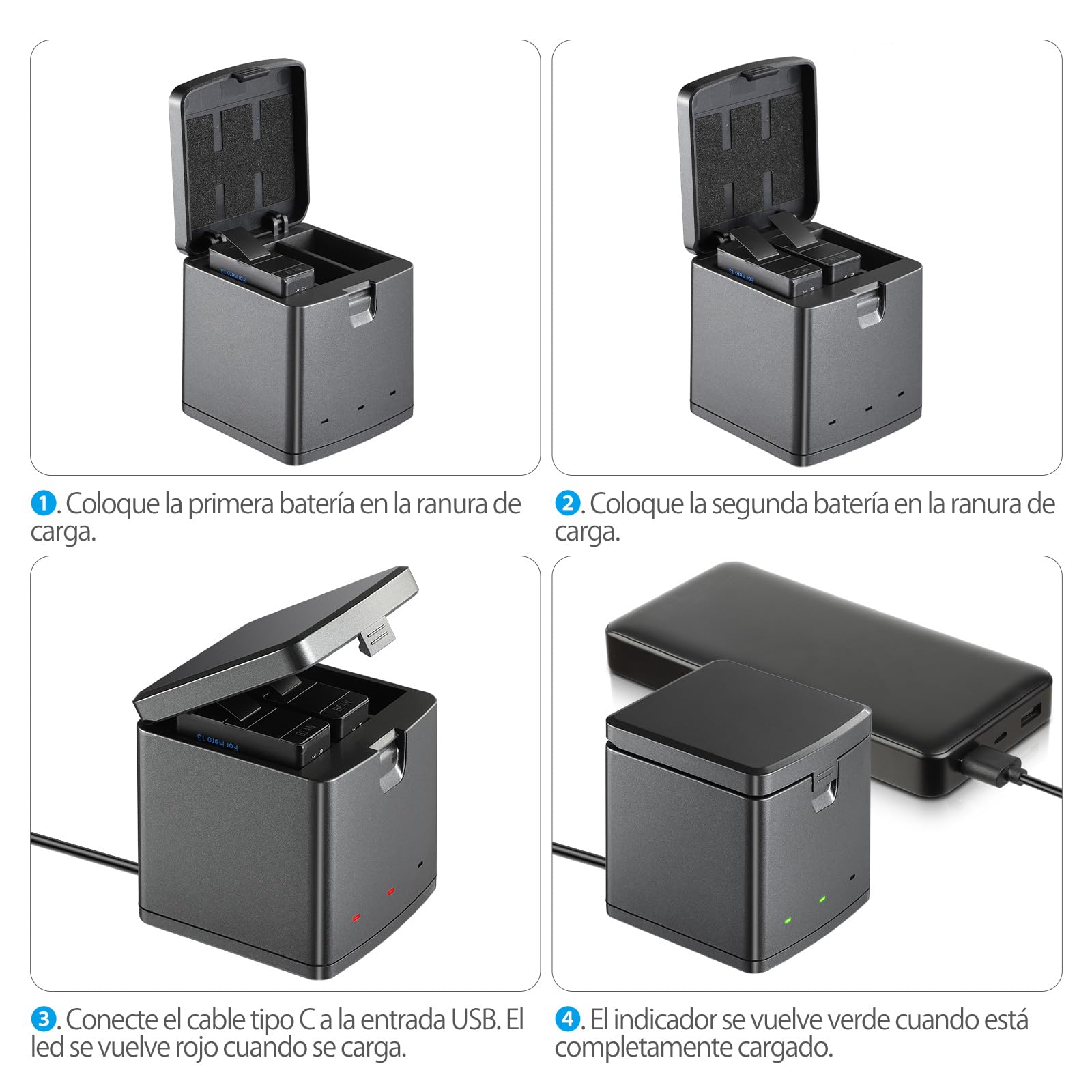 Baterías 2100mAh PHTEGI Gopro Hero 13 Black con Cargador Rápido USB 3 Canales