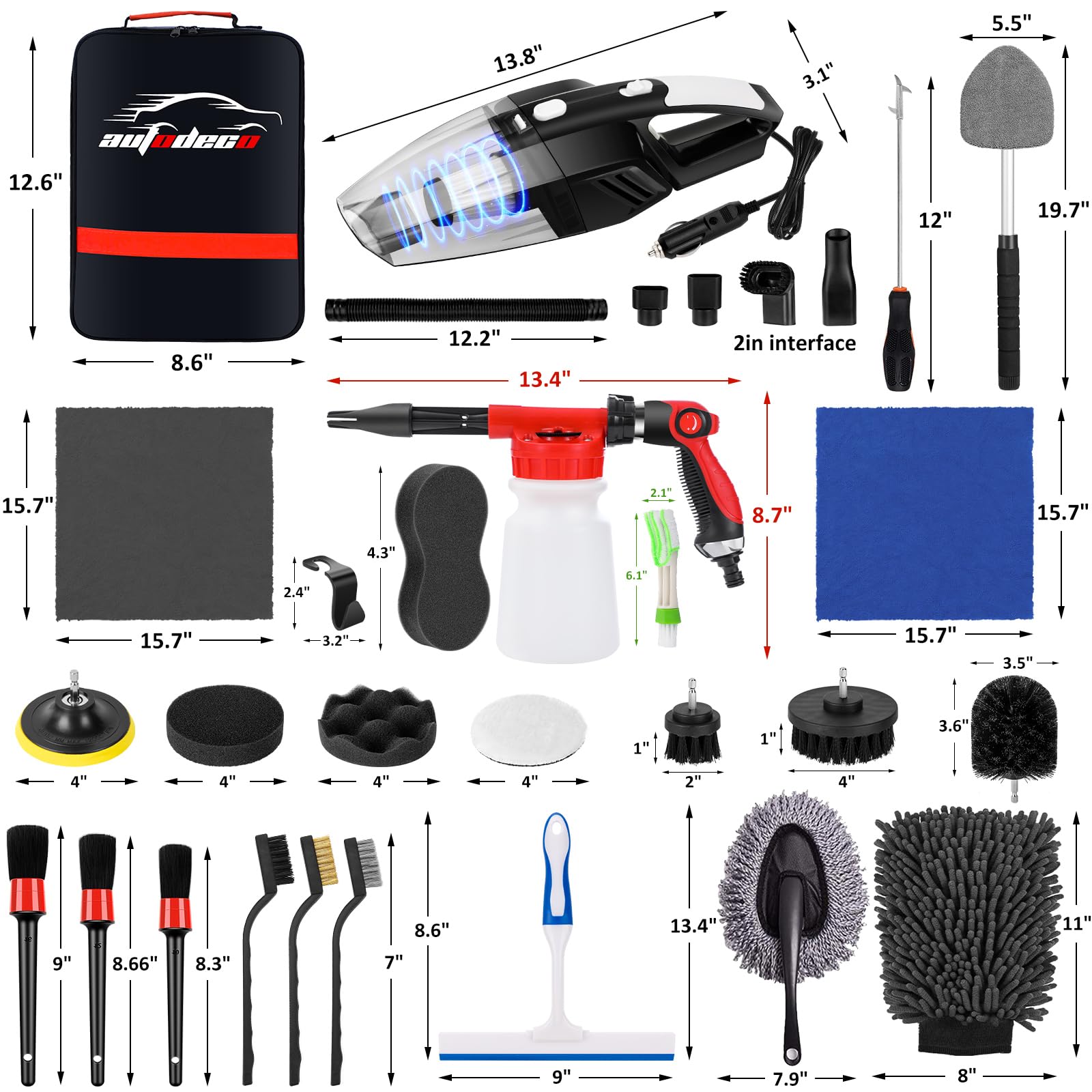 AUTODECO - Kit de limpieza de 40 piezas para lavado de coches con pistola de espuma, bolsa de lona negra, bolsa de lona negra, portátil de alta potencia, manopla, esponja, toallas, cepillo, raspador de ventanas, plumero, juego completo de detalles para in