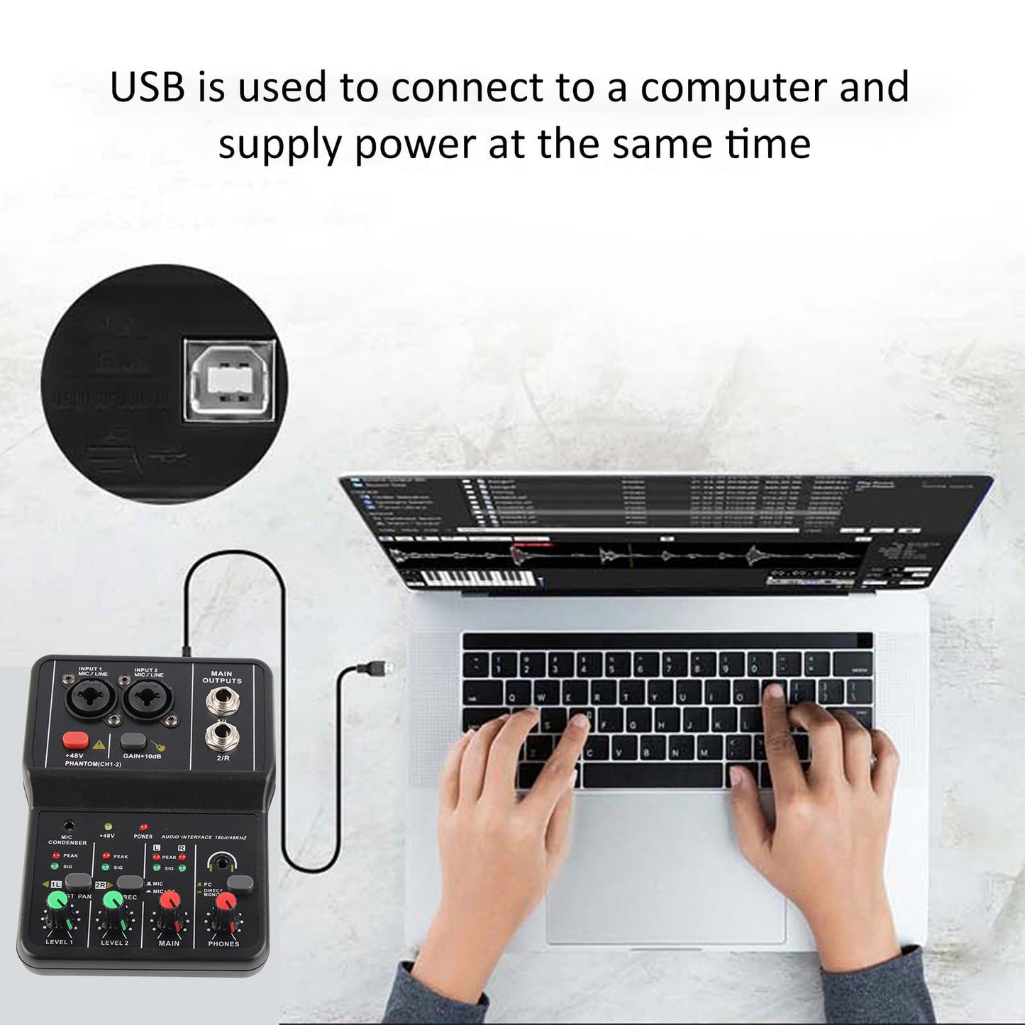Chazcool Mezclador de Audio de 2 Canales, Consola de Mezcla de Sonido Compacta, Tarjeta de Sonido Usb, Phantom Power 48V, Control de Volumen Independiente, para Grabación de PC Música, Karaoke en Casa