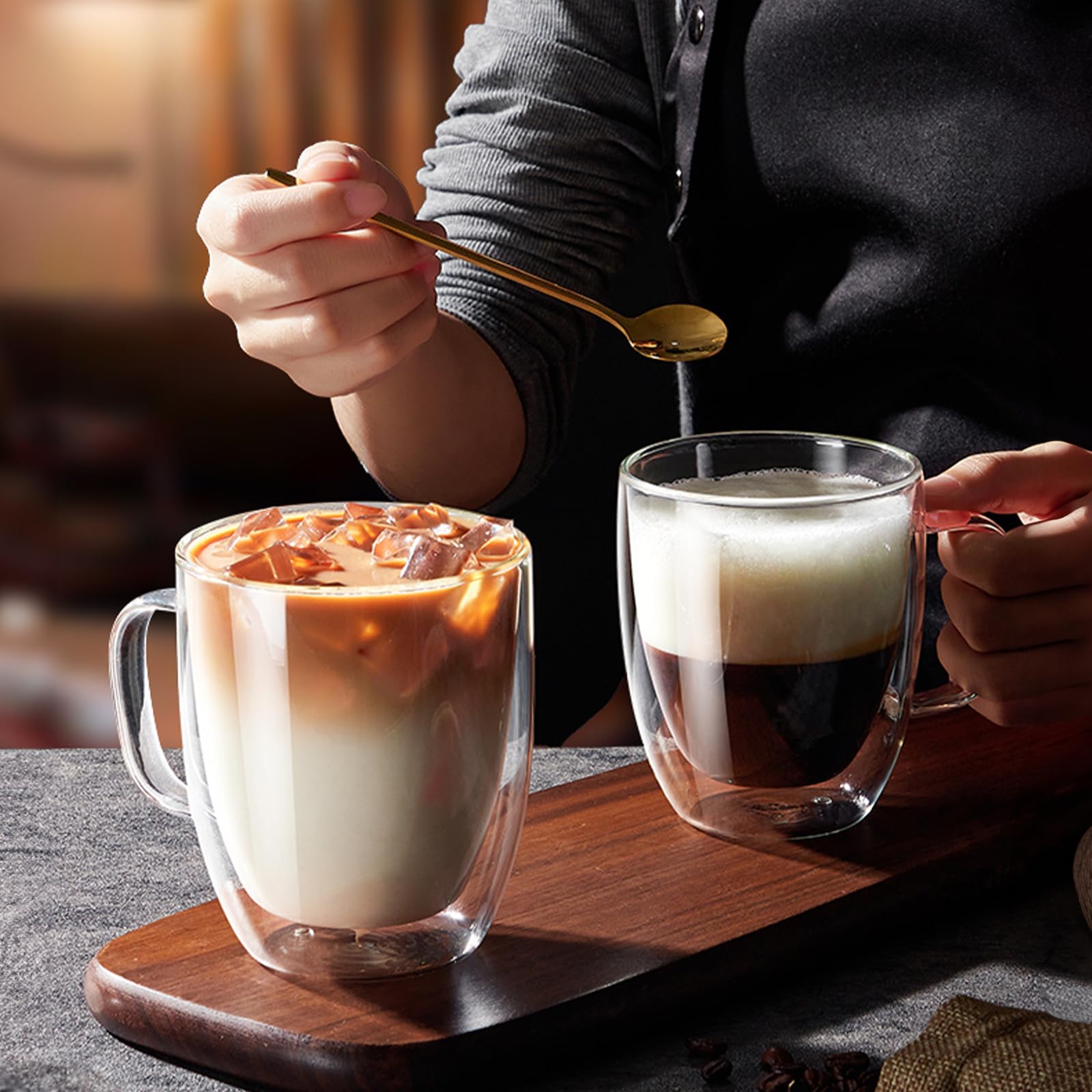 LINGLUCKY Tazas de Café de Cristal de Doble pared con Asa, 2 piezas Vasos de Café Espresso de Vidrio de Café Aislado, Tazas de Café con Leche para Cappucchino Espresso Té Café