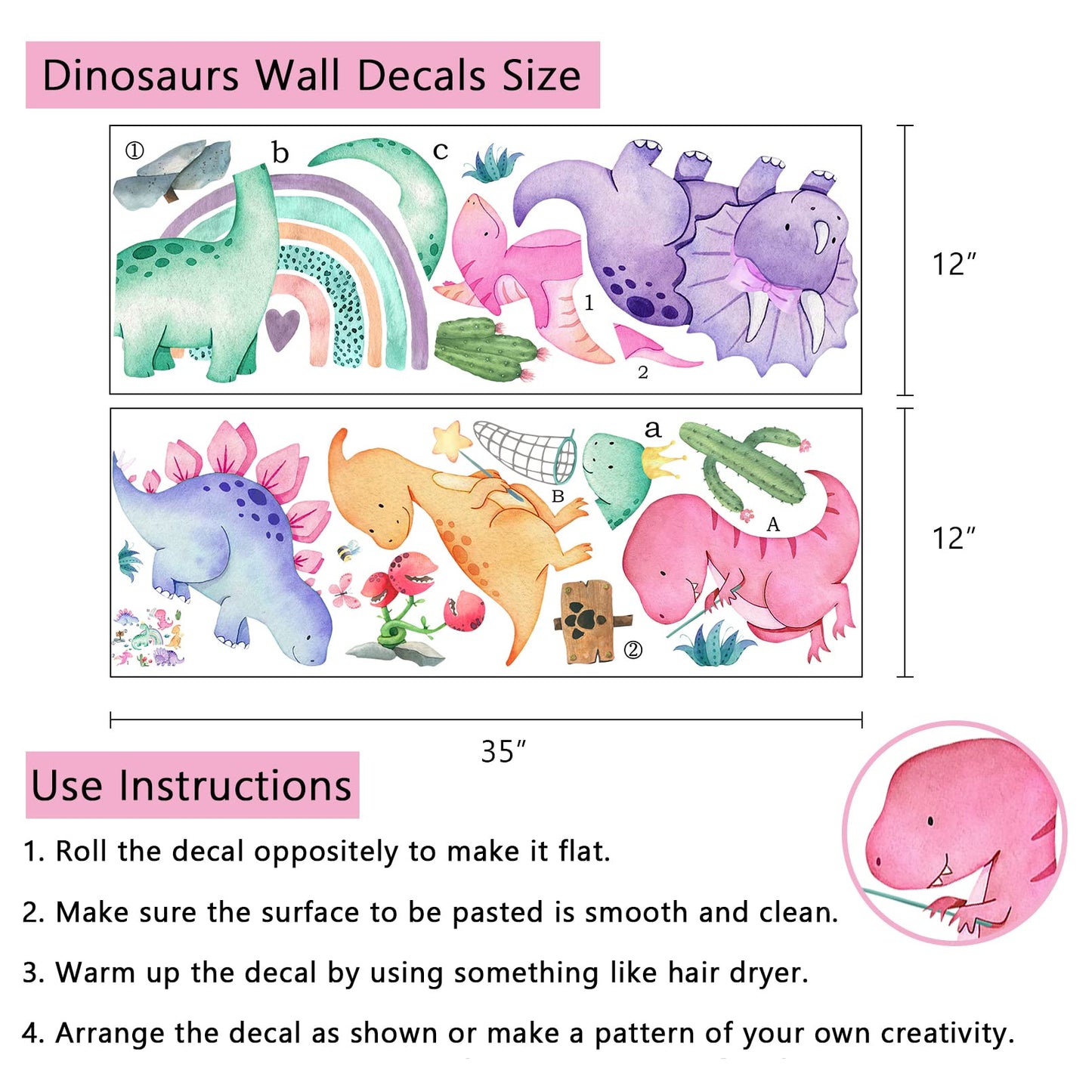 Yovkky - Calcomanías de pared de dinosaurios para niñas, decoración de cuarto de bebé, diseño de cactus de arcoíris, plantas tropicales, decoración del hogar, recámara de niños, sala de juegos