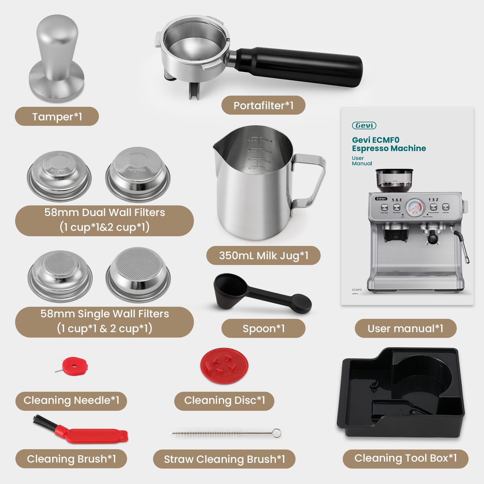 Gevi EzBru 2000 - Máquina espresso de doble caldera mejorada 2024 | Cabezal de grupo de 58 mm | Varita de vapor de nivel Barista | Molinillo integrado con 31 ajustes de tamaño | Carcasa completa de