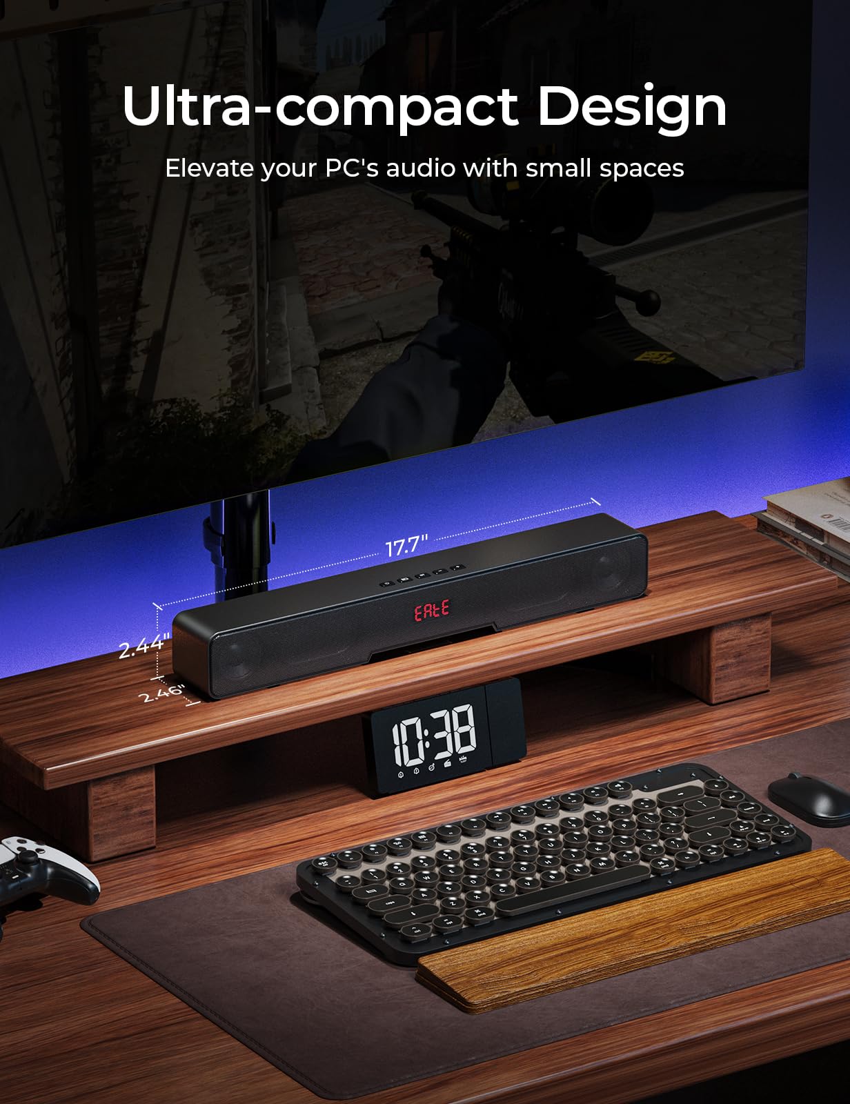 KOOSODIO Barra de sonido pequeña para TV y PC | HDMI/Opt/RCA/coaxial (cable incluido) | Conectividad AUX/USB y Bluetooth 5.0 | Altavoz compacto para TV/PC/Laptop/Tablets/Proyector | 4 modos EQ - Negro