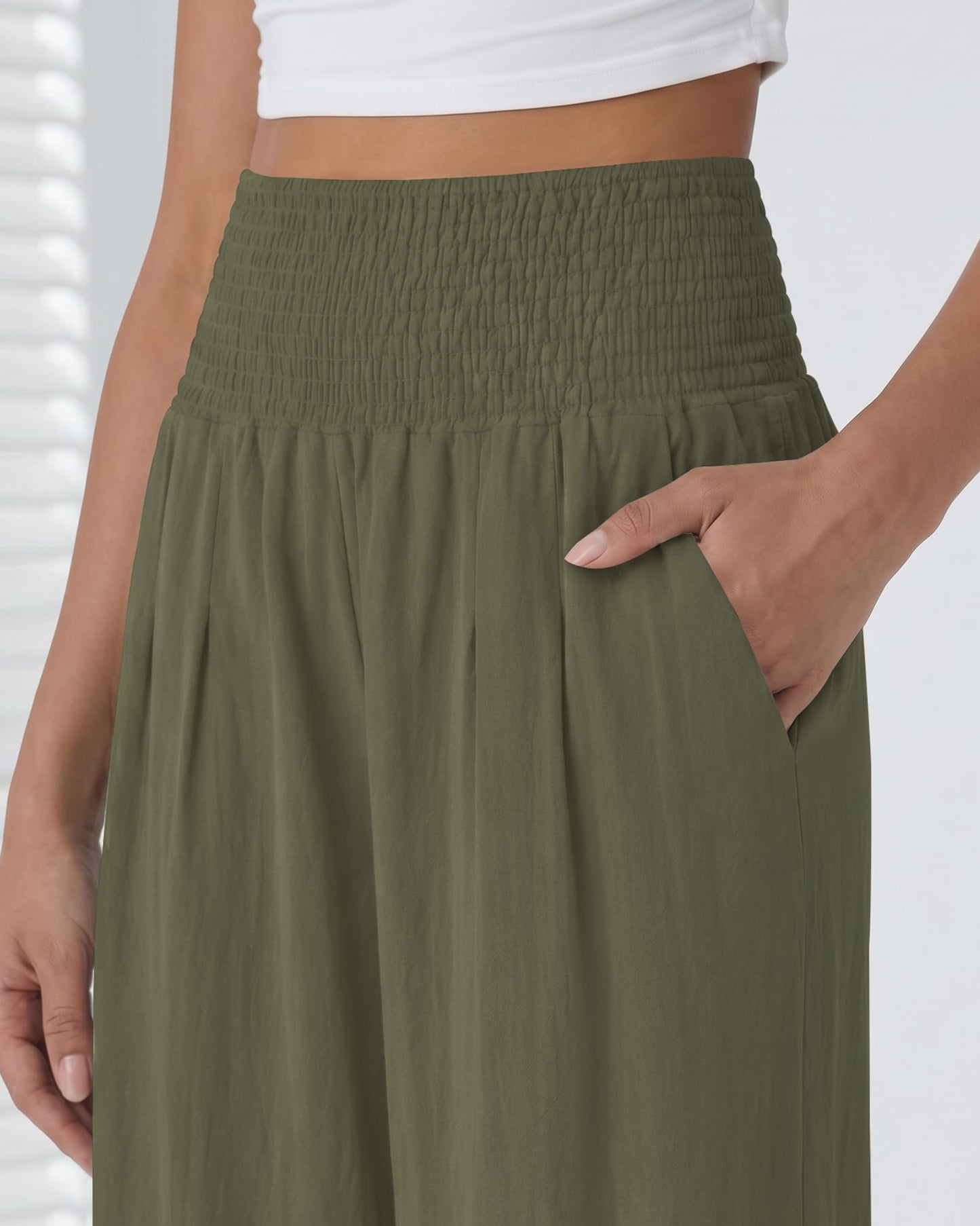 Makepid Pantalones casuales de pierna ancha para mujer, pantalones palazzo de cintura alta, pantalones de verano para estar en casa con bolsillos, color verde militar.