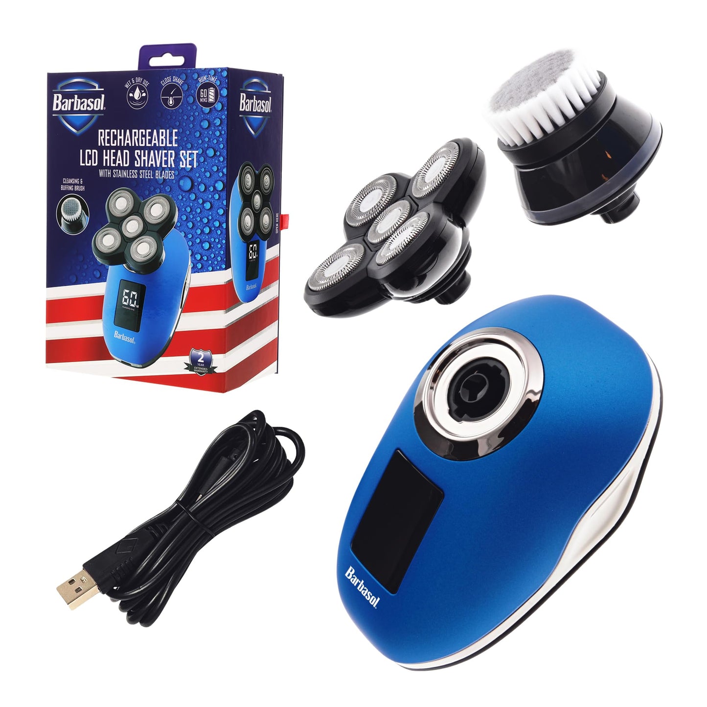 Barbasol Signature Series - Afeitadora de cabeza giratoria recargable en húmedo y seco con 5 cuchillas de acero inoxidable, LCD, azul