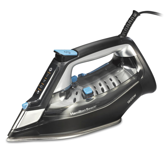 Hamilton Beach - Plancha de vapor para ropa y ropa con panel táctil intuitivo FabricIQ, suela de acero inoxidable duradera, apagado automático de 3 vías, 1800 vatios, tanque de agua de 350 ml, cable