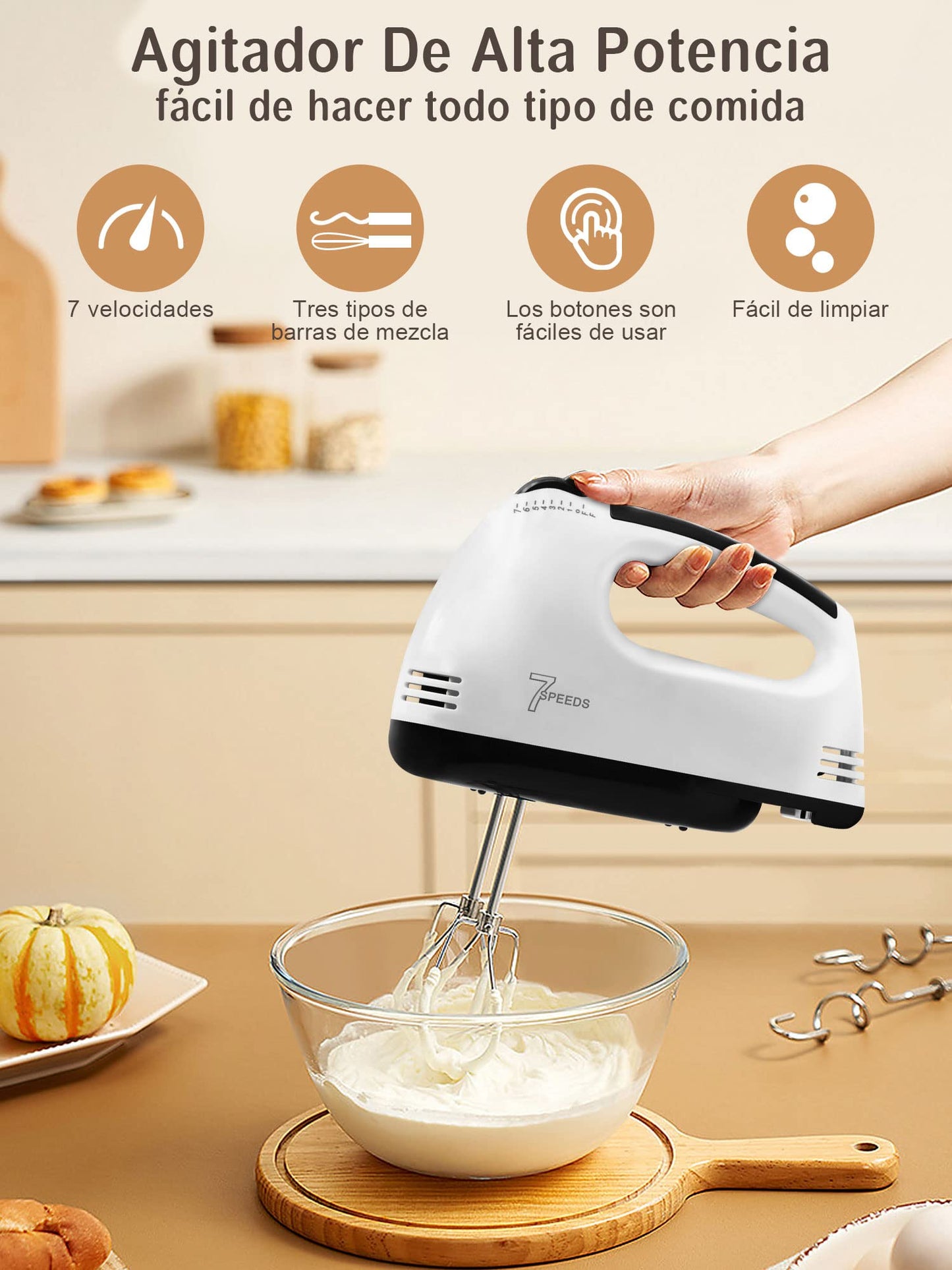 Batidora de Mano 7 Velocidades，Turbocharged Batidora de Mano, Mezclador de Cocina Incluye 4 Barras de Mezcla para Mezclar, 1 Separación De Claras De Huevo