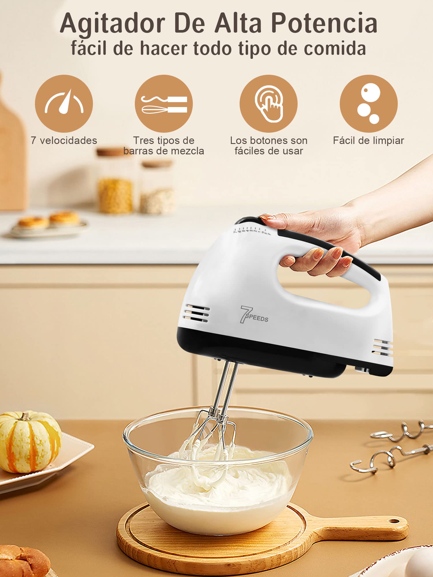 Batidora de Mano 7 Velocidades，Turbocharged Batidora de Mano, Mezclador de Cocina Incluye 4 Barras de Mezcla para Mezclar, 1 Separación De Claras De Huevo