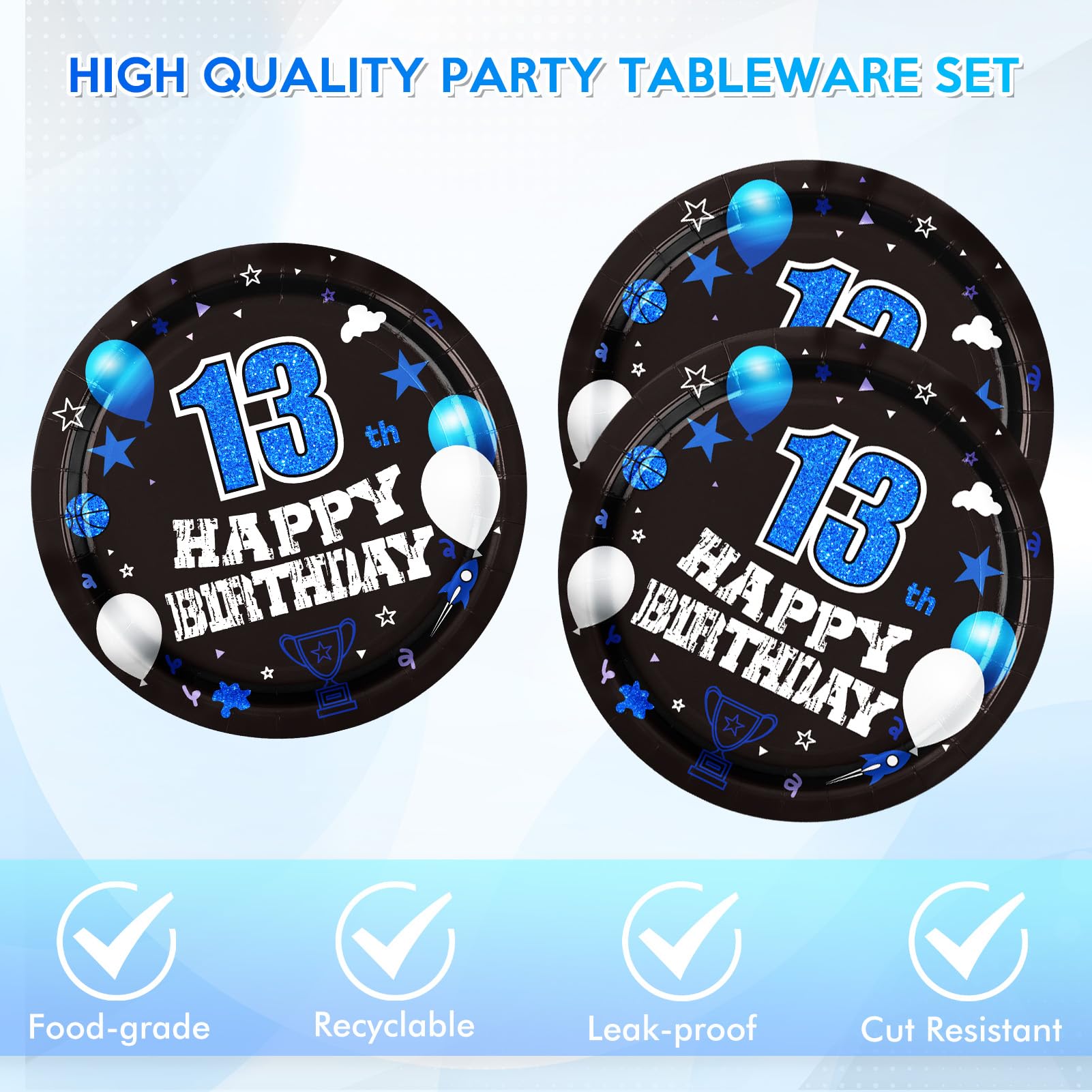 DURYGEN - Juego de 40 piezas de decoraciones de 13 cumpleaños para niños, platos y servilletas desechables de 13 cumpleaños, color azul, suministros de fiesta de 13 cumpleaños para niños y