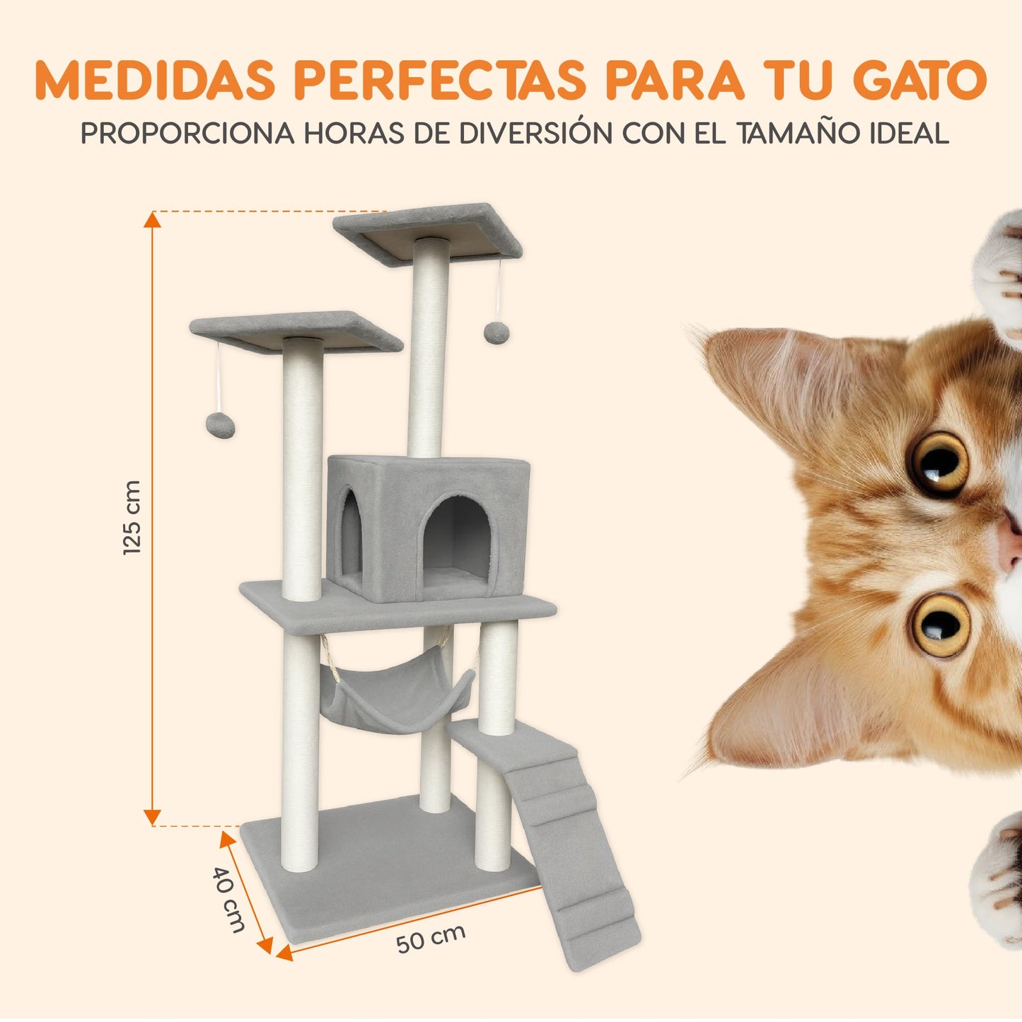 POLI PETS Rascador para Gatos Persa, Árbol para Gatos con Escalera, Escondite y Hamaca, Estructura Cubierta de Sisal y Felpa, Seguro, Cómodo y Duradero, Castillo para Gatos 125 X 50 X 40cm (Gris)