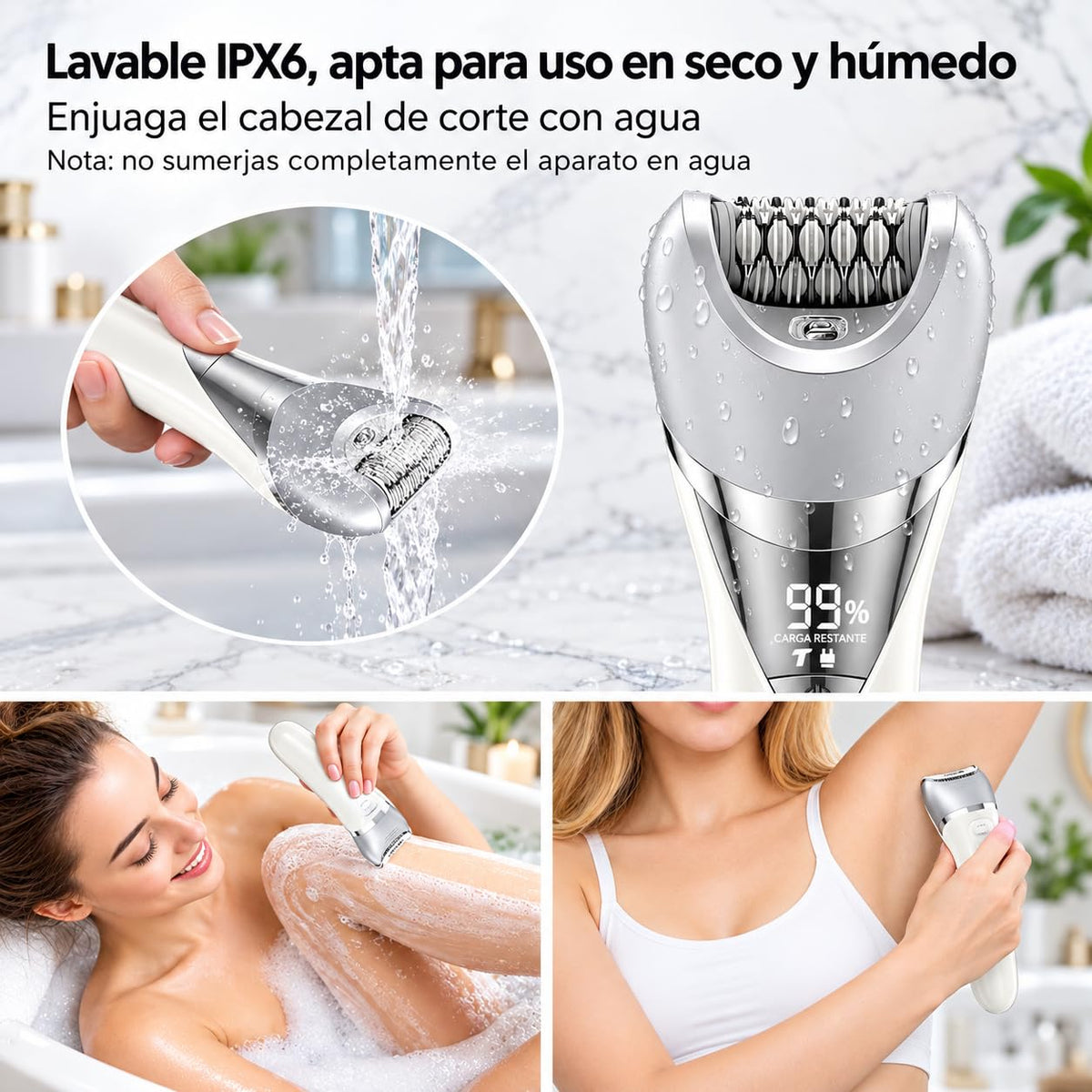 Depiladora Electrica Mujer 7 en 1, Maquina Depiladora con Pantalla Digital, Recargable USB, IPX6 Impermeable Portátil, Afeitadora Femenin sin Dolor, para el Vello Facial, Piernas, Axilas y Bikini