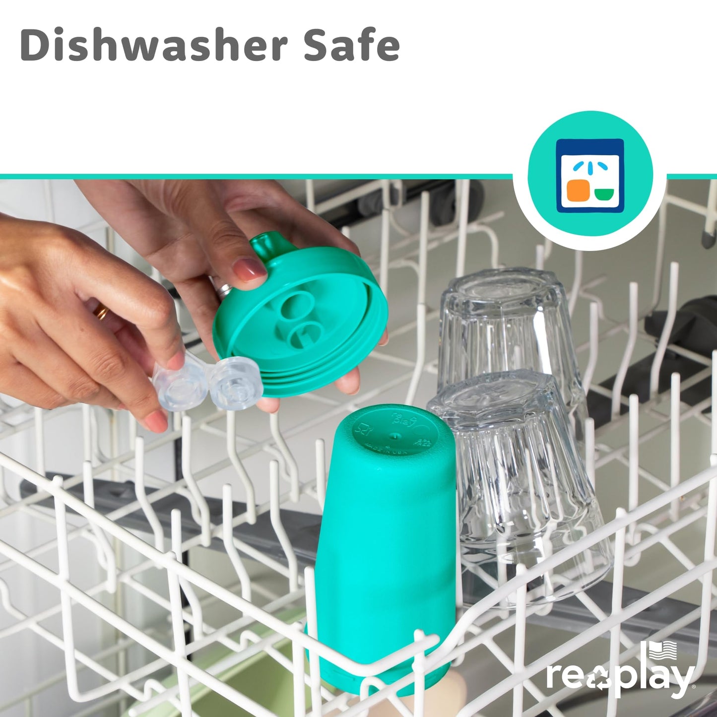 Re-Play - Juego de 4 tazas para beber a prueba de derrames para niños pequeños, reutilizables de 10 onzas, aptas para lavaplatos y microondas, fabricadas en Estados Unidos, vidrio de mar