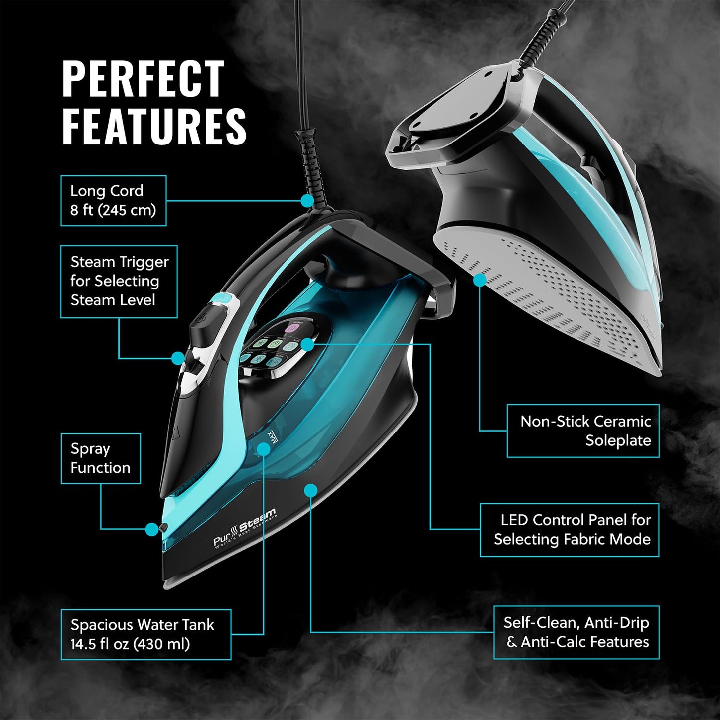 PurSteam SteamTech Elite - Plancha de vapor de 1750 W, control digital de temperatura y visualización LED, suela de cerámica, vapor ajustable, autolimpiable, anticalcio, antigoteo, apagado automático
