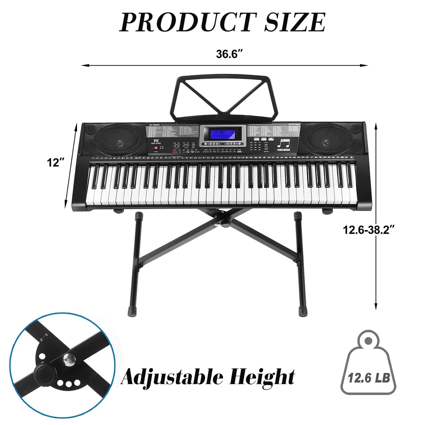Teclado de Piano Mustar MEKS-500 61 Teclas Iluminadas Eléctrico para Principiantes