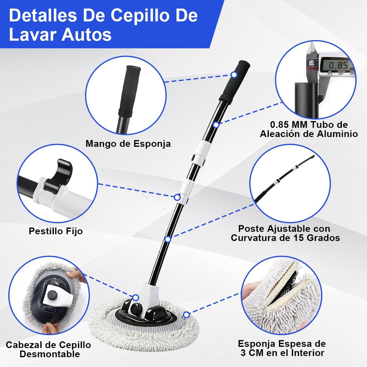 Cepillo para Lavar Auto ADILIKADII Curvado 90° con Poste Extensible y Accesorios de Limpieza Microfibra
