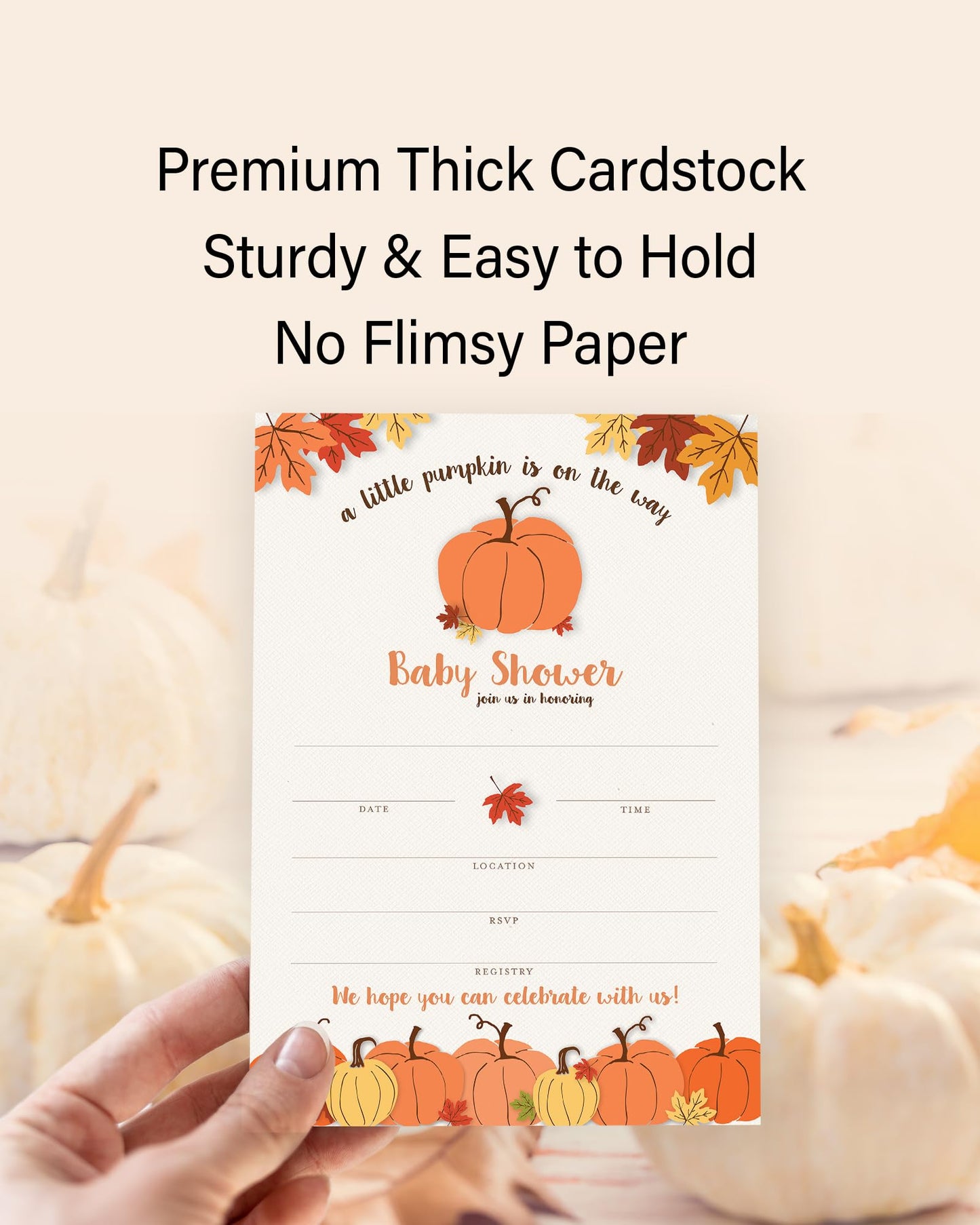 Roseum Collections Little PUMPKIN - Invitaciones para baby shower - Paquete de 25 - Invitaciones de relleno neutro de género con calabazas, tema de baby shower de otoño o Halloween I330-INV1