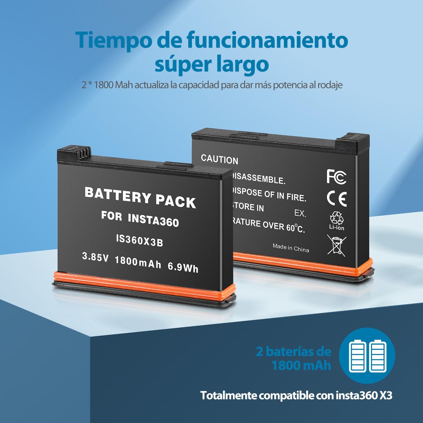 Batería PHTEGI Insta360 X3 1800mAh azul con Hub de Cargador rápido y Ranuras para Tarjetas SD