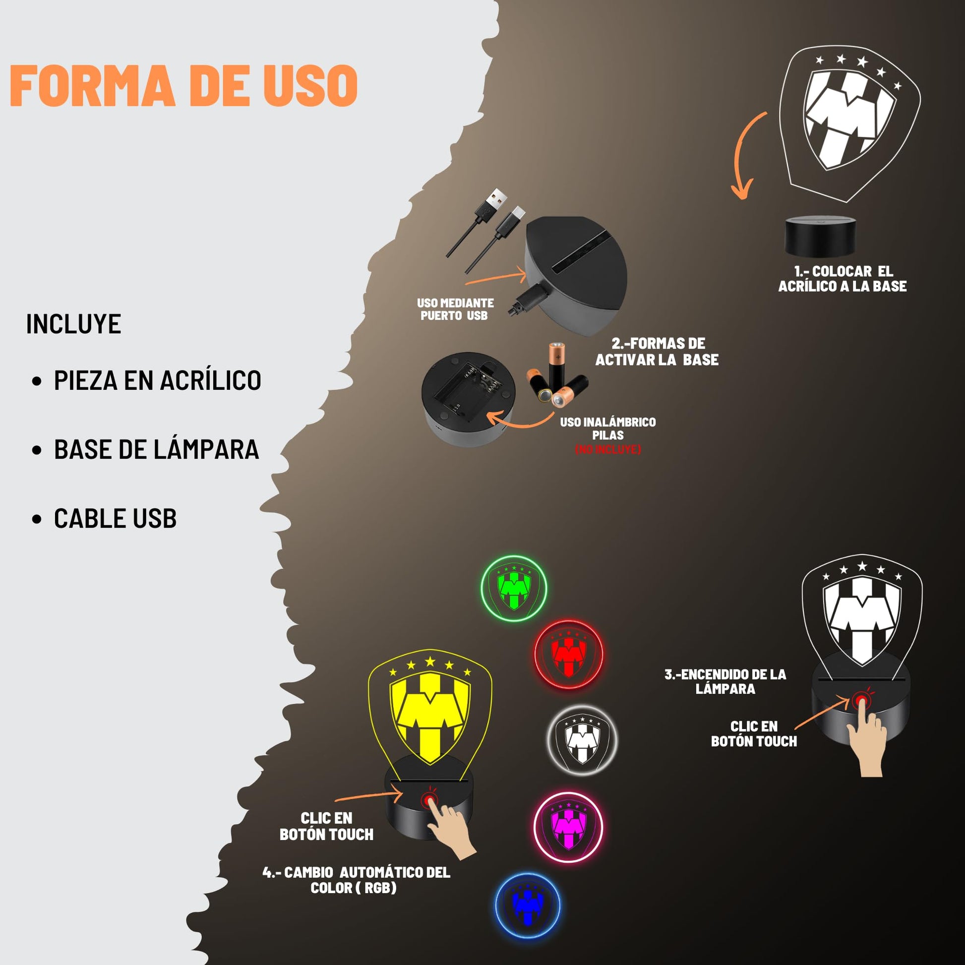 Artea 19 Lámpara del Monterrey 3D,Lámpara Luz Nocturna Led,Lámpara Acrílico Luces Cambiantes,Equipos Futbol 3D,Futbol Soccer,Luces Noche 3D, Regalo ideal para los Fanáticos del Futbol