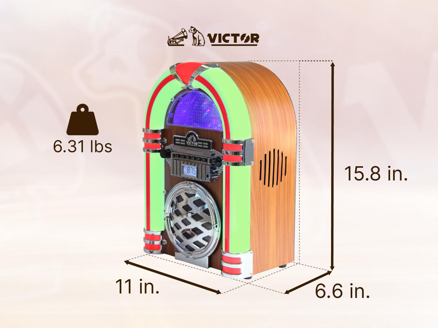 VICTOR VDTJ-1550 Broadway - Altavoz Bluetooth para computadora con Radio FM, iluminación LED Multicolor y Entrada Auxiliar, Perfecto para transmisión de música de Estilo Retro e iluminación Ambiental