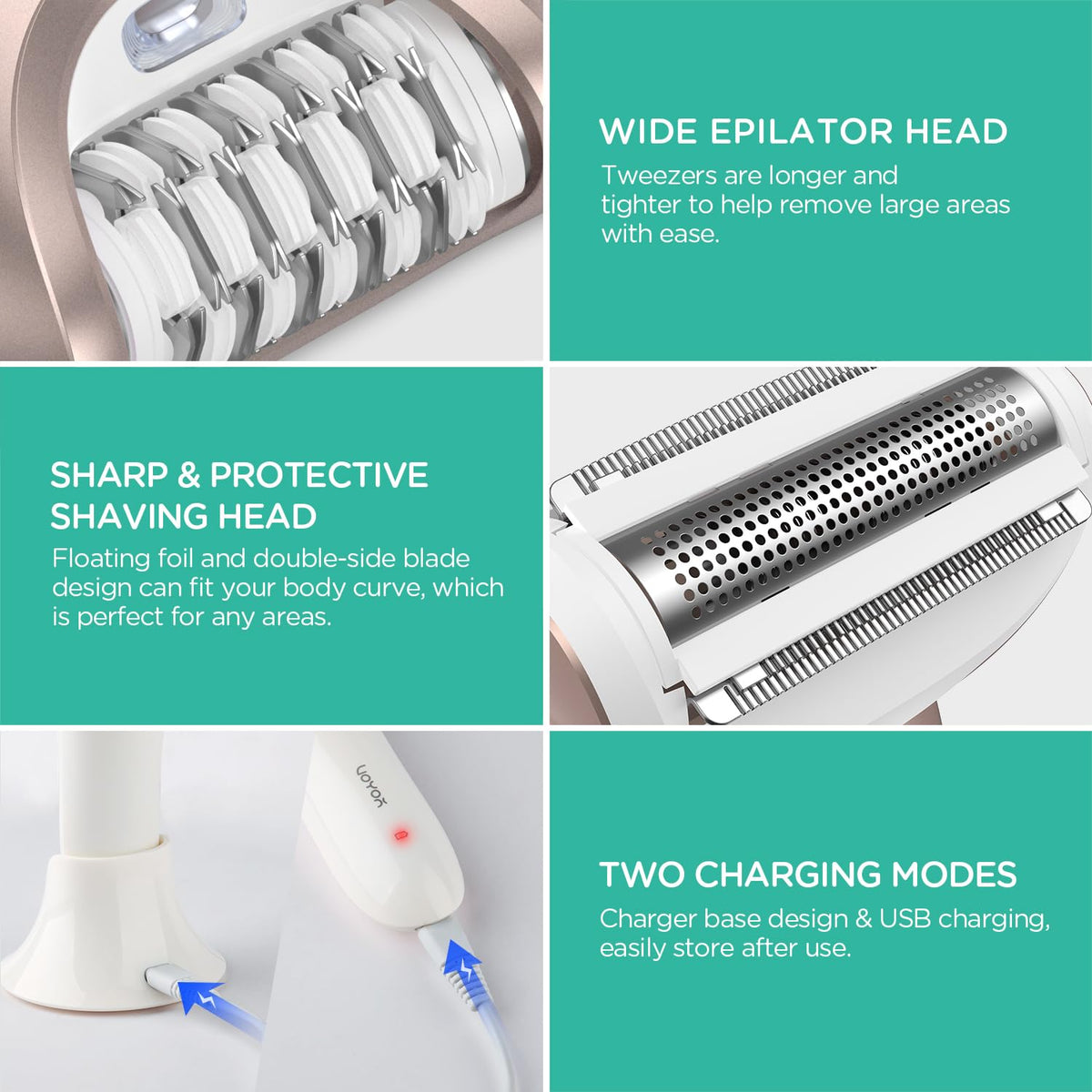 VOYOR Depiladora para Mujeres Inalámbrica y Recargable, Depiladora de Vello con 30 Pinzas, Depiladoras 3 en 1 con Afeitadora Eléctrica y Lima para Pies, Dispositivo de Depilación para Brazo y Pierna