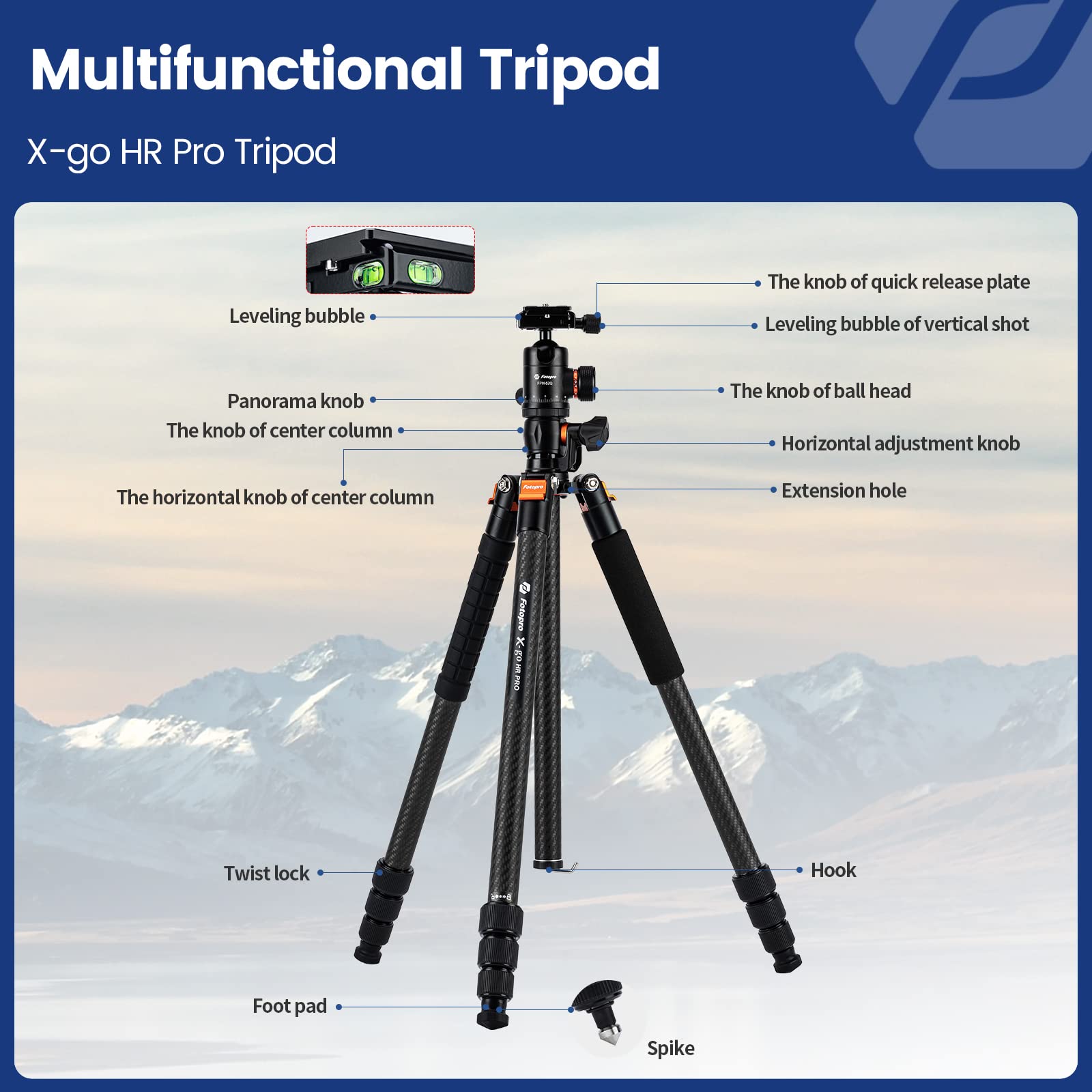 Fotopro - Trípode Horizontal de Fibra de Carbono, trípode de cámara de 75 Pulgadas con Cabezal de Bola de 360 Grados, Placa de liberación rápida para videocámara DSLR, trípode 2 en 1, Carga máxima de