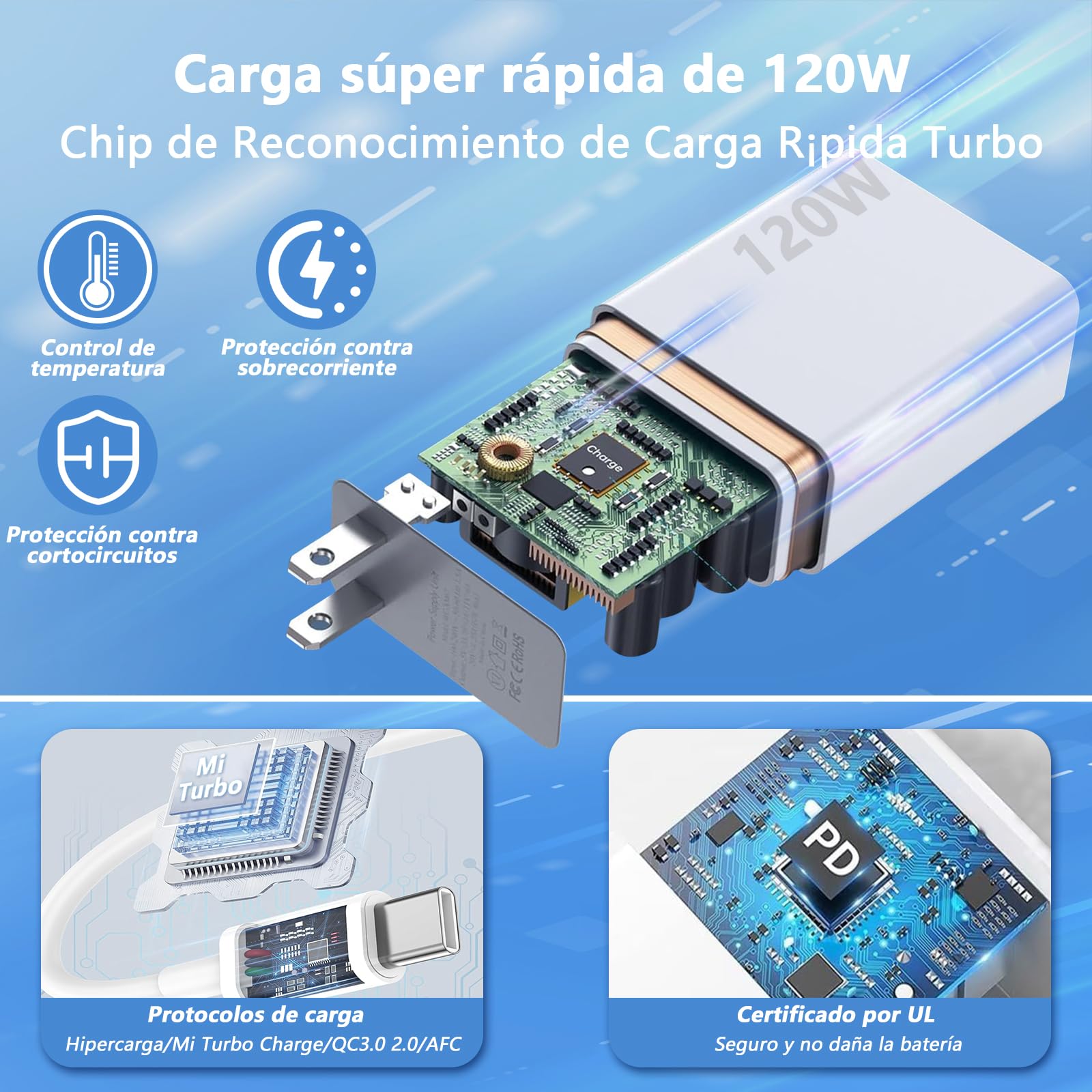 Kammoy Cargador 120W para Xiaomi Carga Rapida Turbo con 6A Cable USB C 1M para Xiaomi 15 14 13 12 14t 13t 12t 12s Pro Lite Redmi Note k80 K70 K60 K50 12 11 Pro Plus Black Shark 4 5 Poco F4