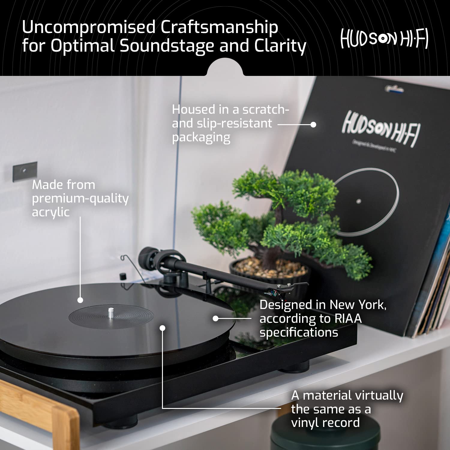 Hudson Hi-Fi Estera giratoria de acrílico - LP Slipmat para tornamesas y Tocadiscos de Vinilo - Negro Mate
