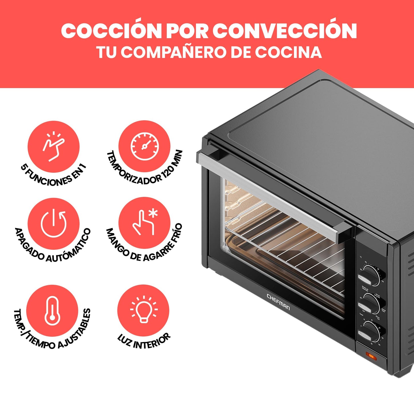 Chefman Horno De Convección Y Tostador De 45 L Negro RJ25-M45BLACK