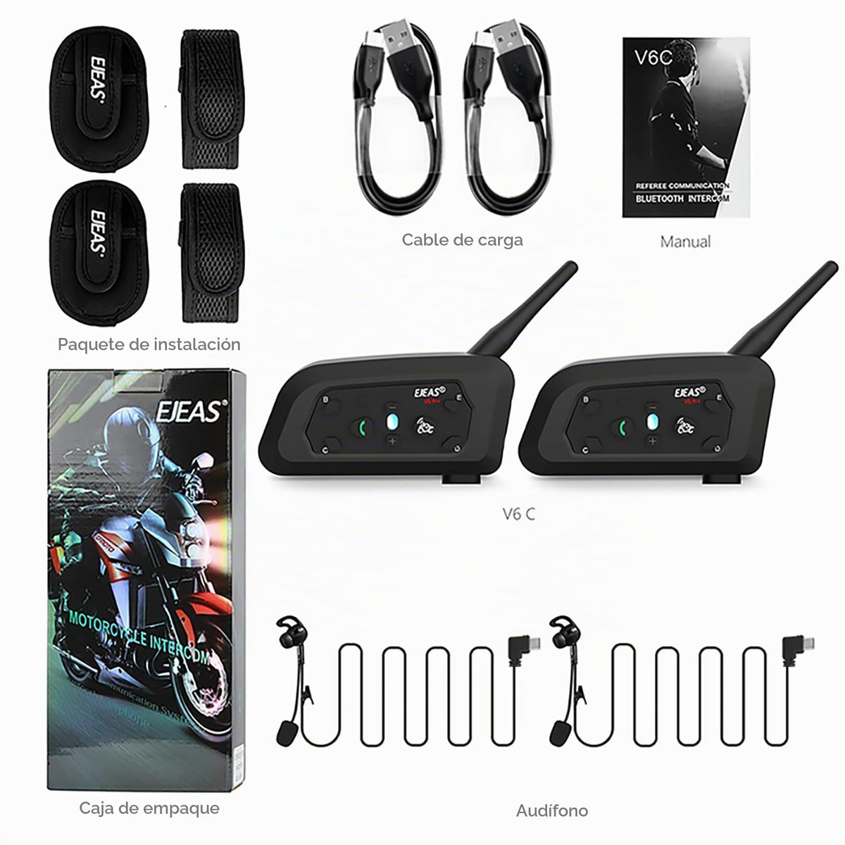 Intercomunicador Bluetooth EJEAS V6C Negro 1200M con Auricular y Brazalete para Árbitros de Fútbol y Deportes (2 Pack)