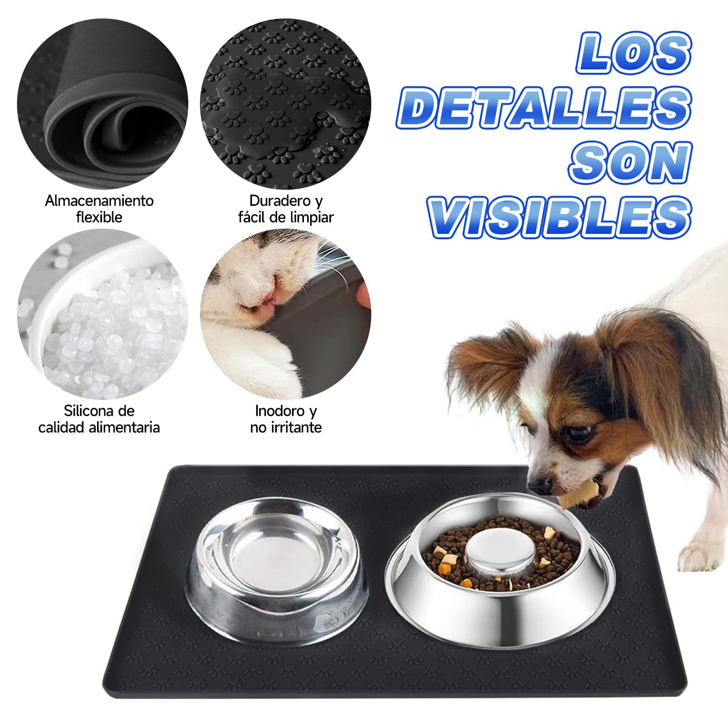 JEMUON Tapete de Silicona para Alimentación de Mascotas, 2 Piezas Tapete para Perro y Gatos Comida Plegable, Tapete para Comida de Perro, Tapete Perro para Evitar Derrames de Comida y Agua (Negro)